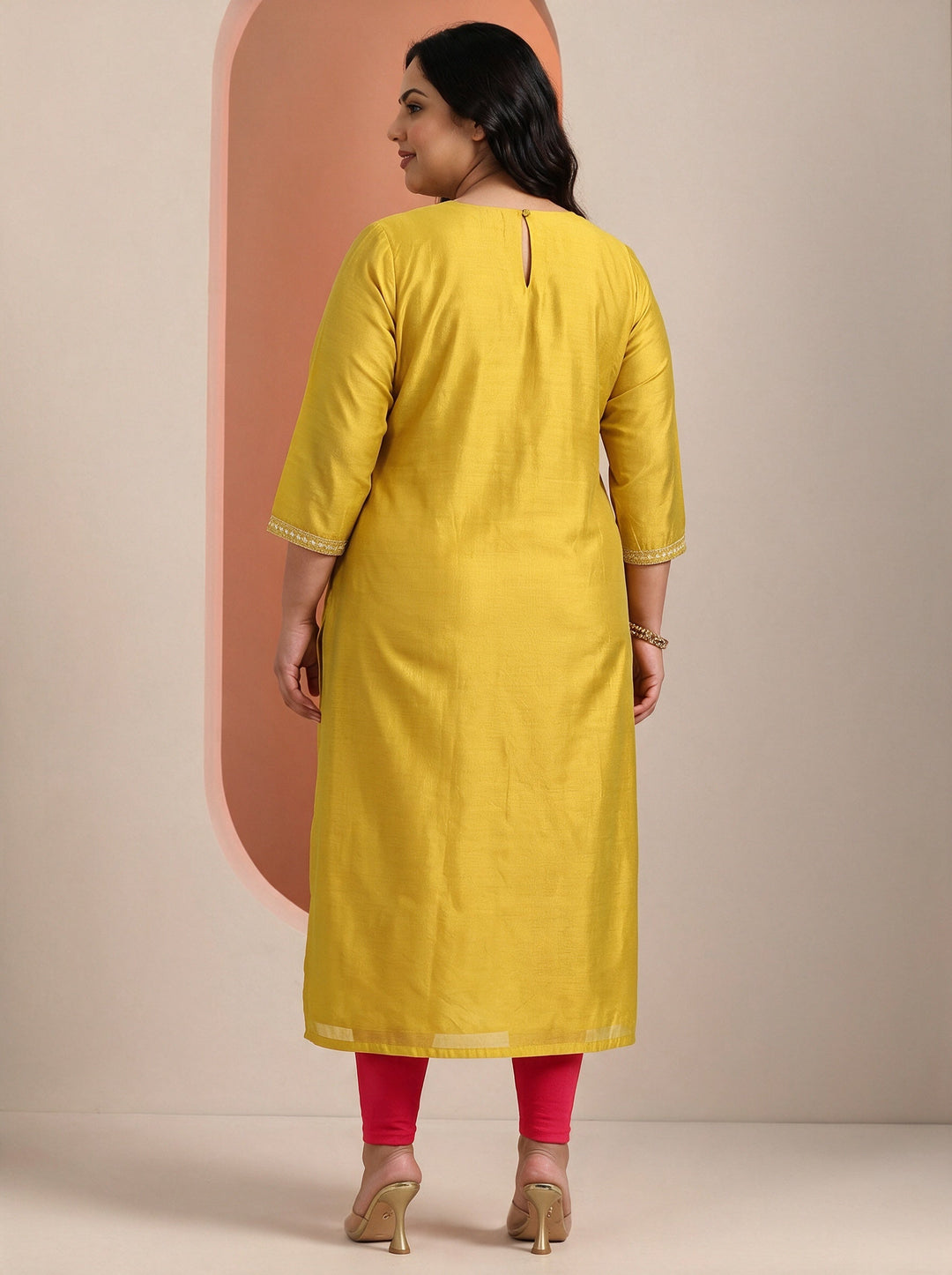  Plus Size Mustard Embroidered Silk Blend Straight Kurta 