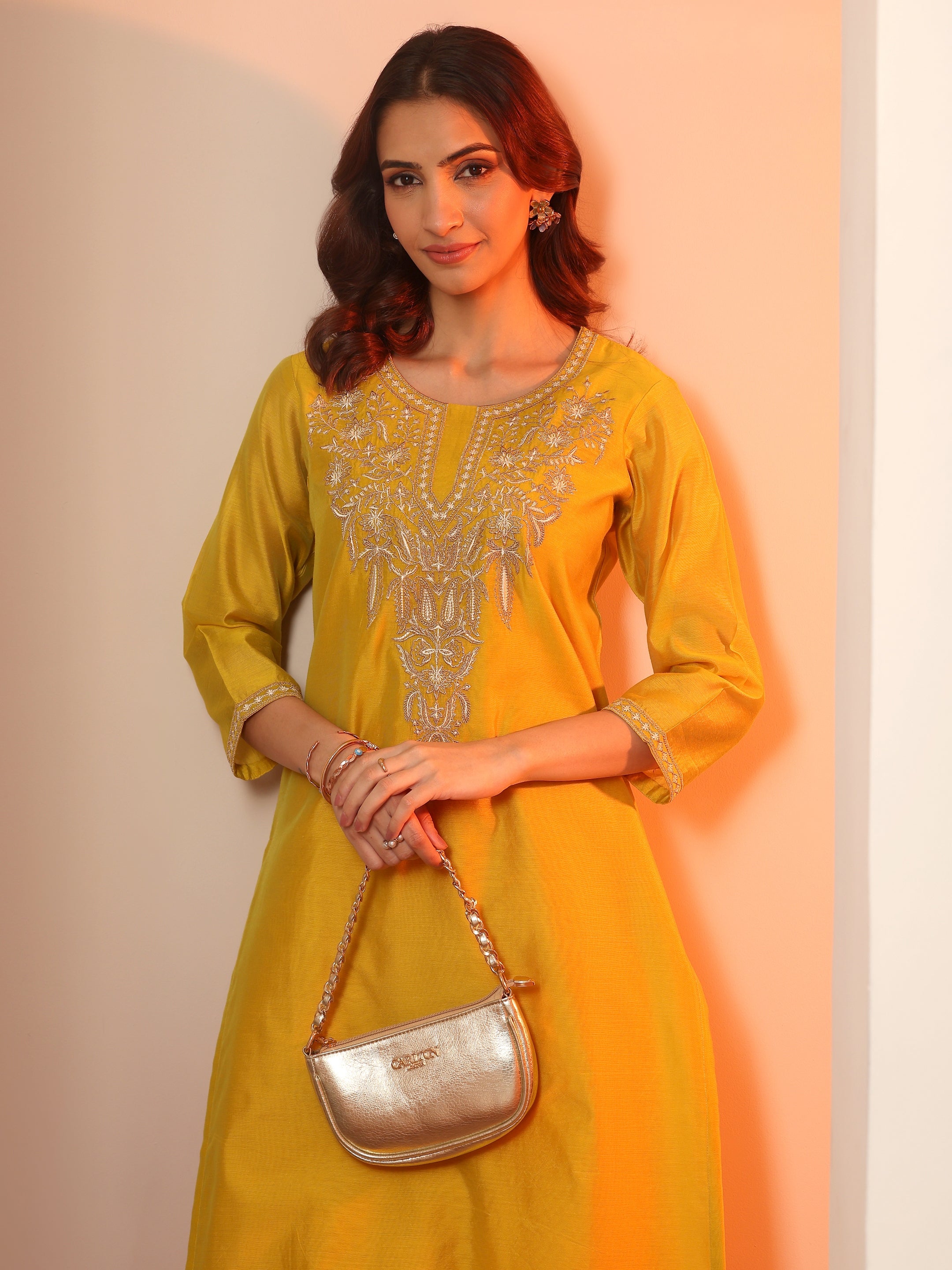 Mustard Embroidered Silk Blend Straight Kurta-image-35