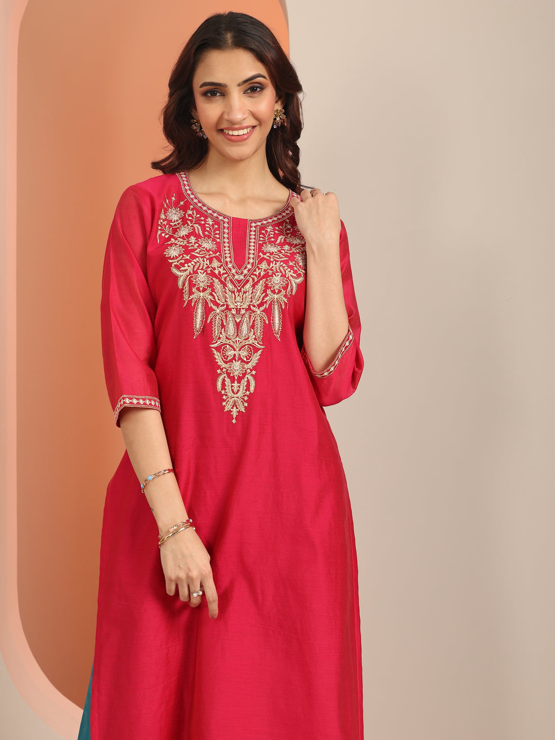  Pink Embroidered Silk Blend Straight Kurta 