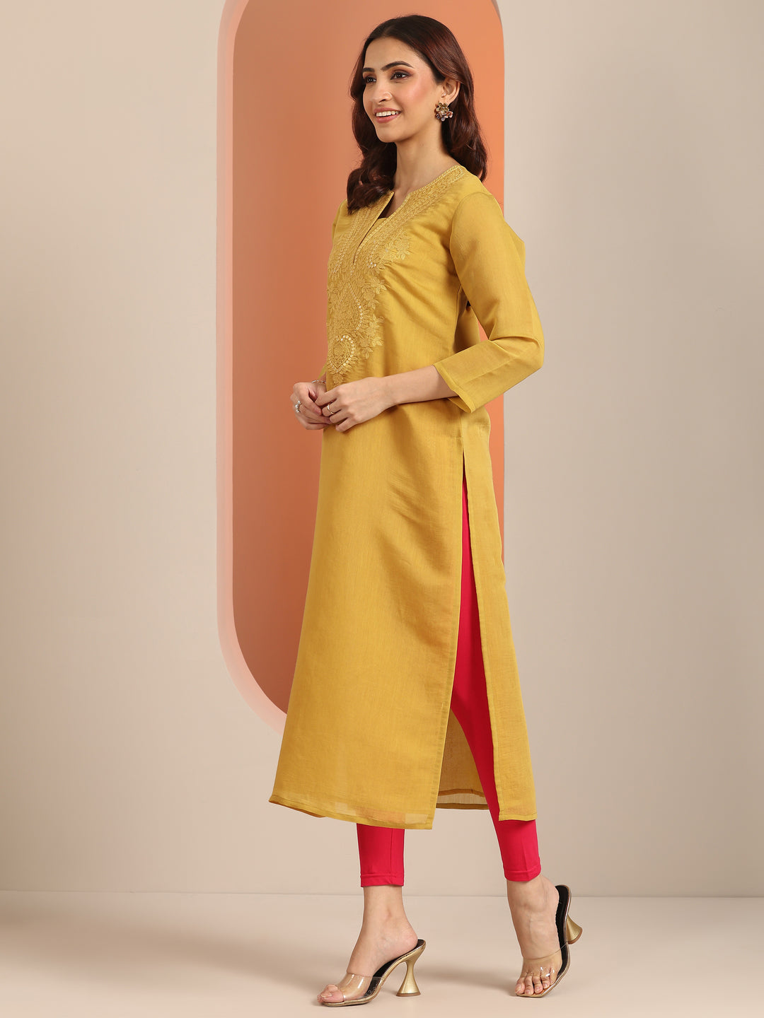 Mustard Embroidered Silk Blend Straight Kurta 