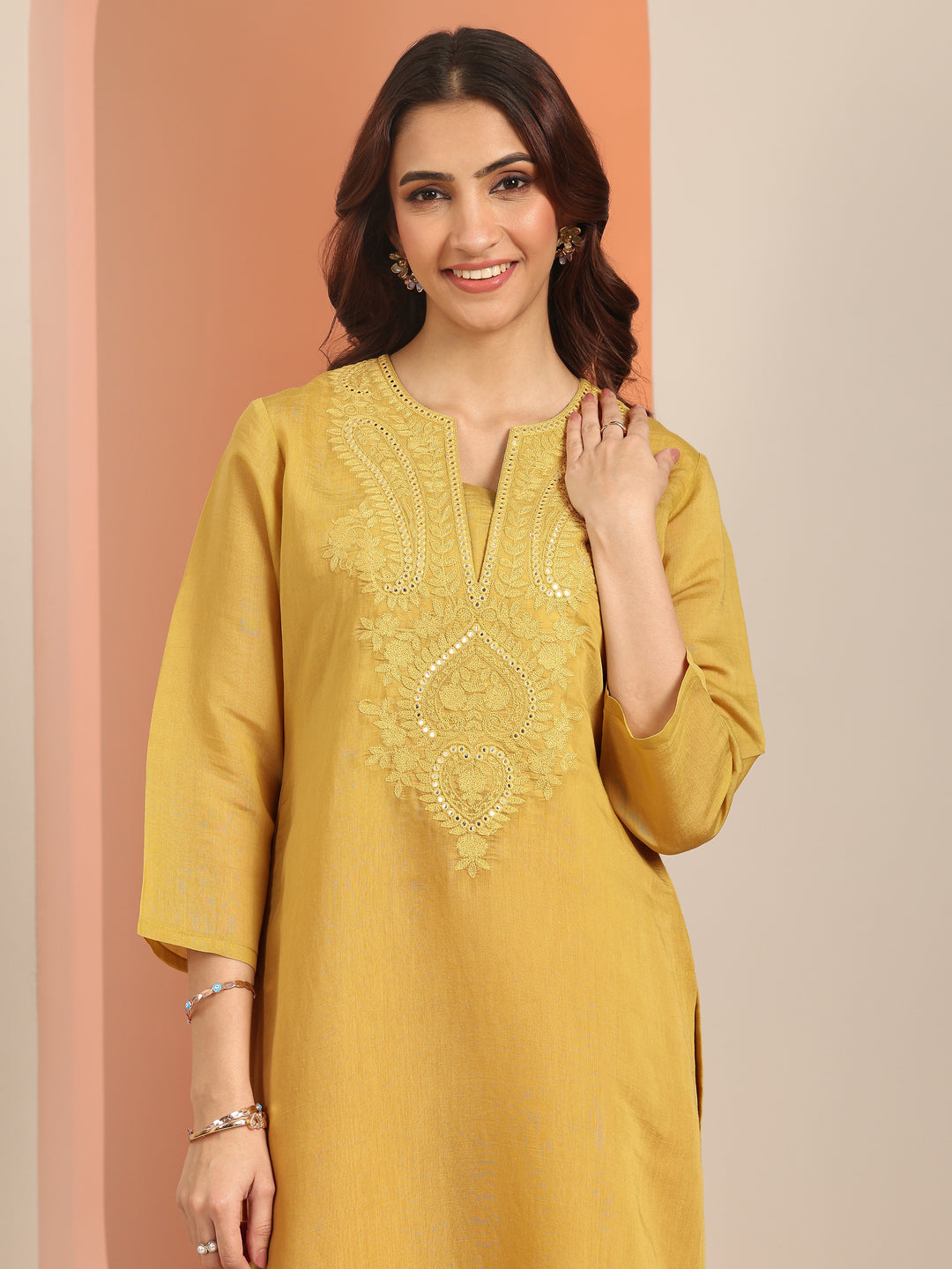  Mustard Embroidered Silk Blend Straight Kurta 