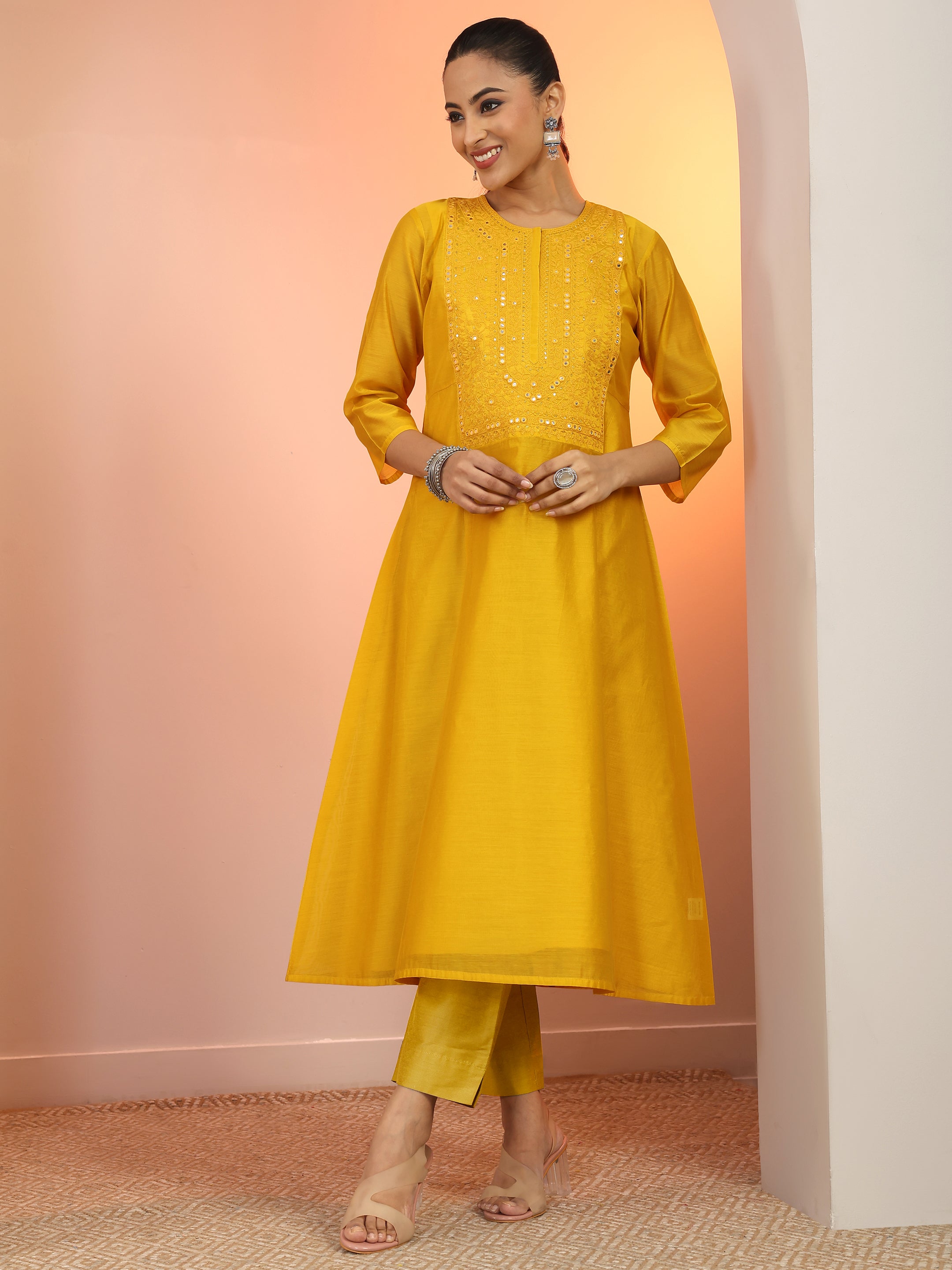 libas Yellow Embroidered Silk Blend A-Line Kurta-picture-21