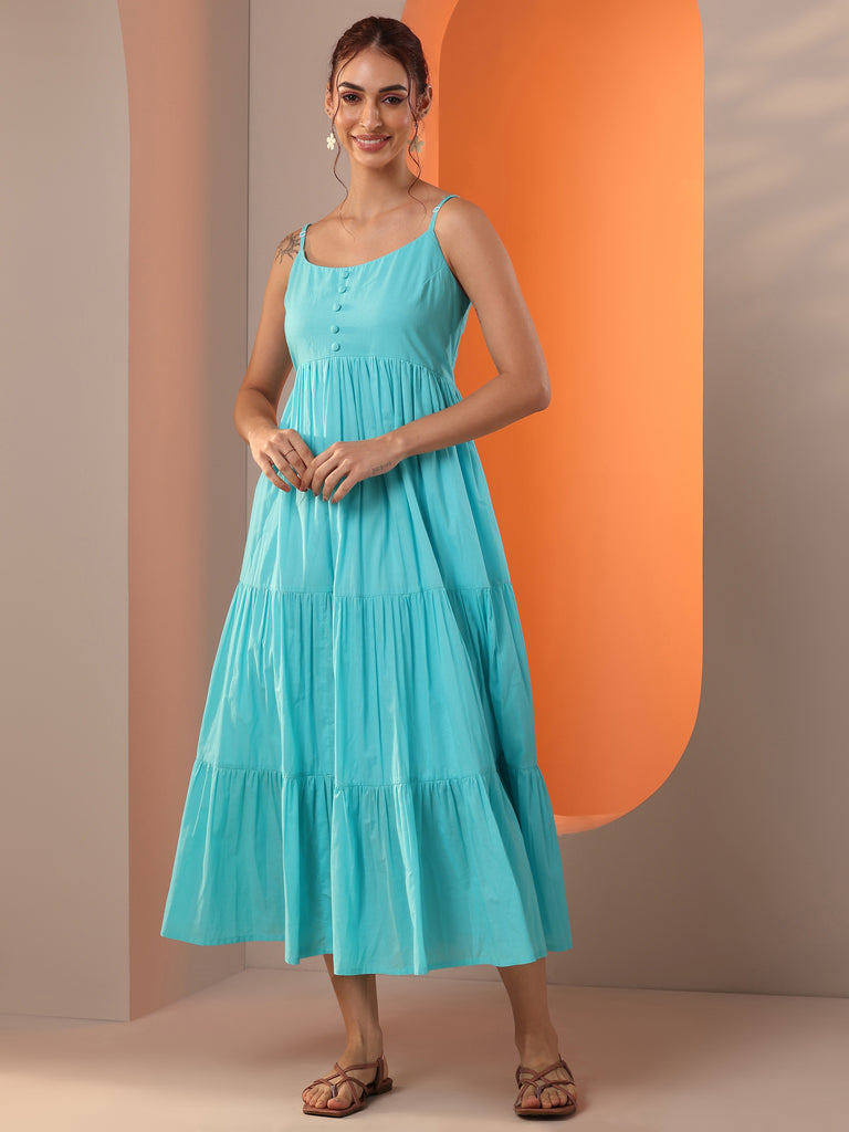 Libas Blue Solid Cotton A-Line One Piece Dress