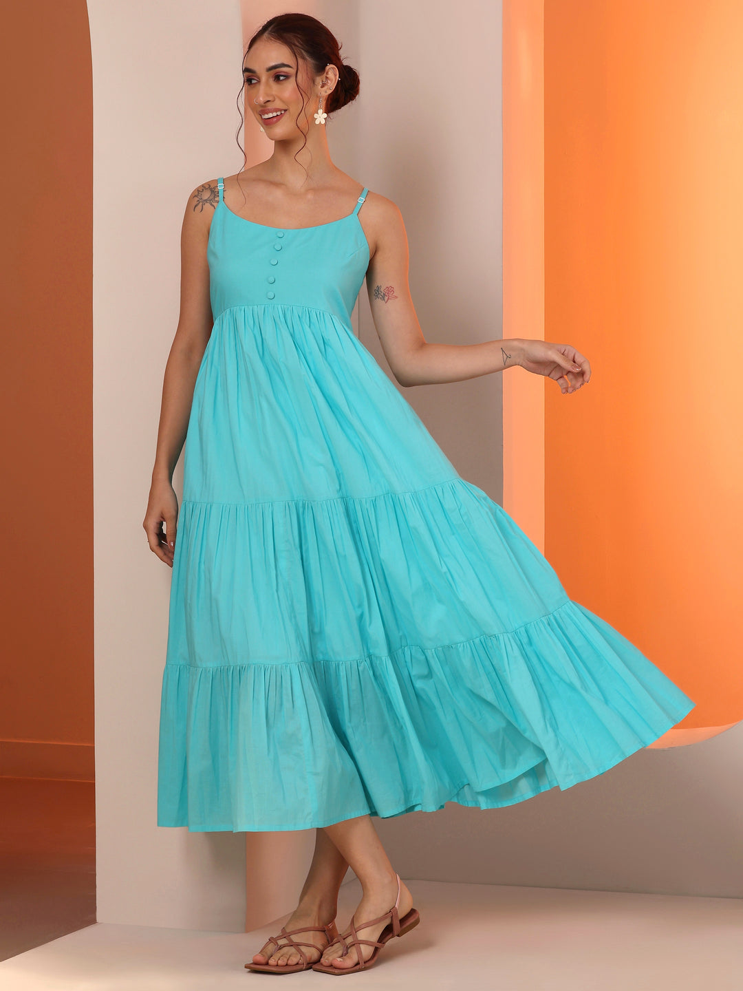  Blue Solid Cotton A-Line One Piece Dress 