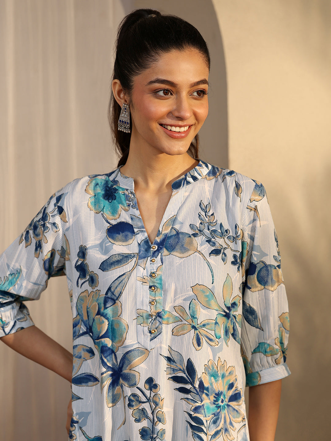  Blue Printed Rayon Straight Short Kurti 