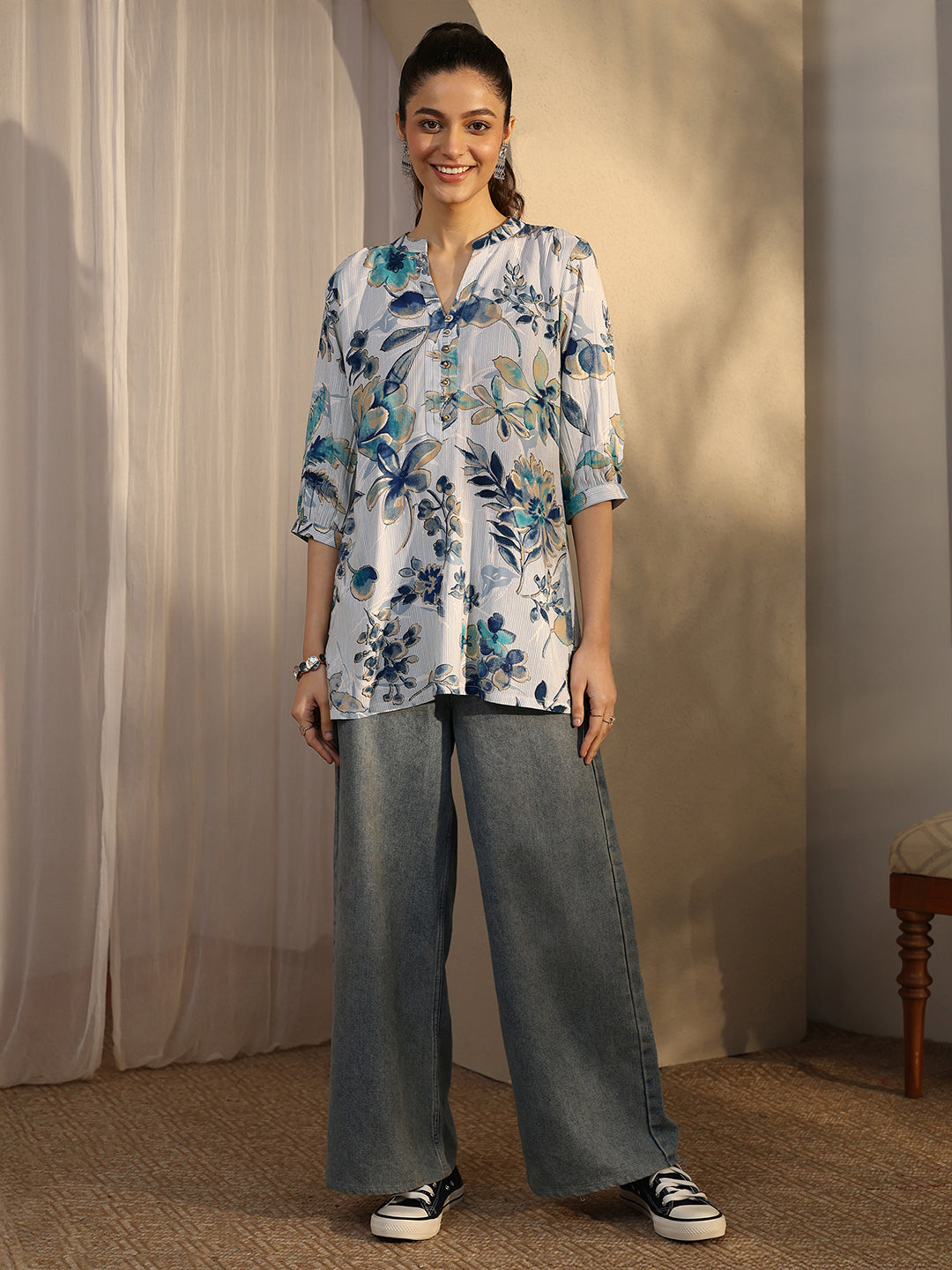  Blue Printed Rayon Straight Short Kurti 