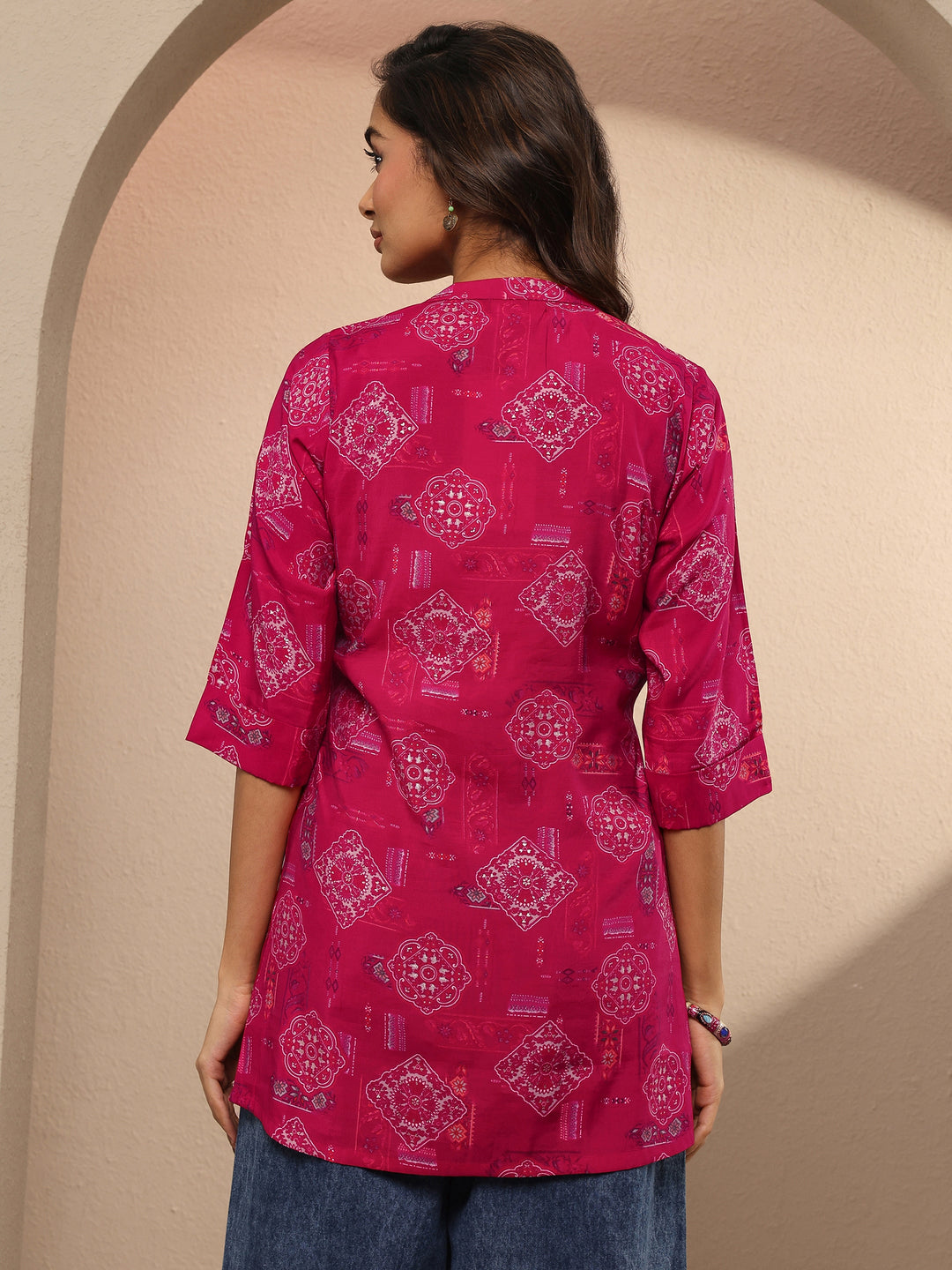  Pink Block Printed Silk Blend Straight Short Kurti 