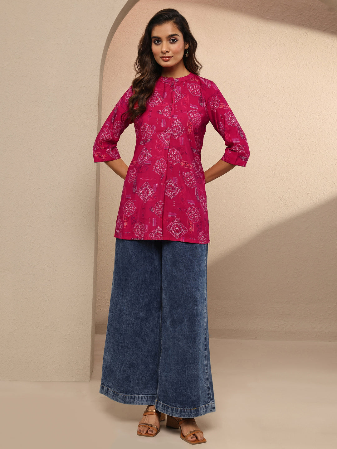  Pink Block Printed Silk Blend Straight Short Kurti 