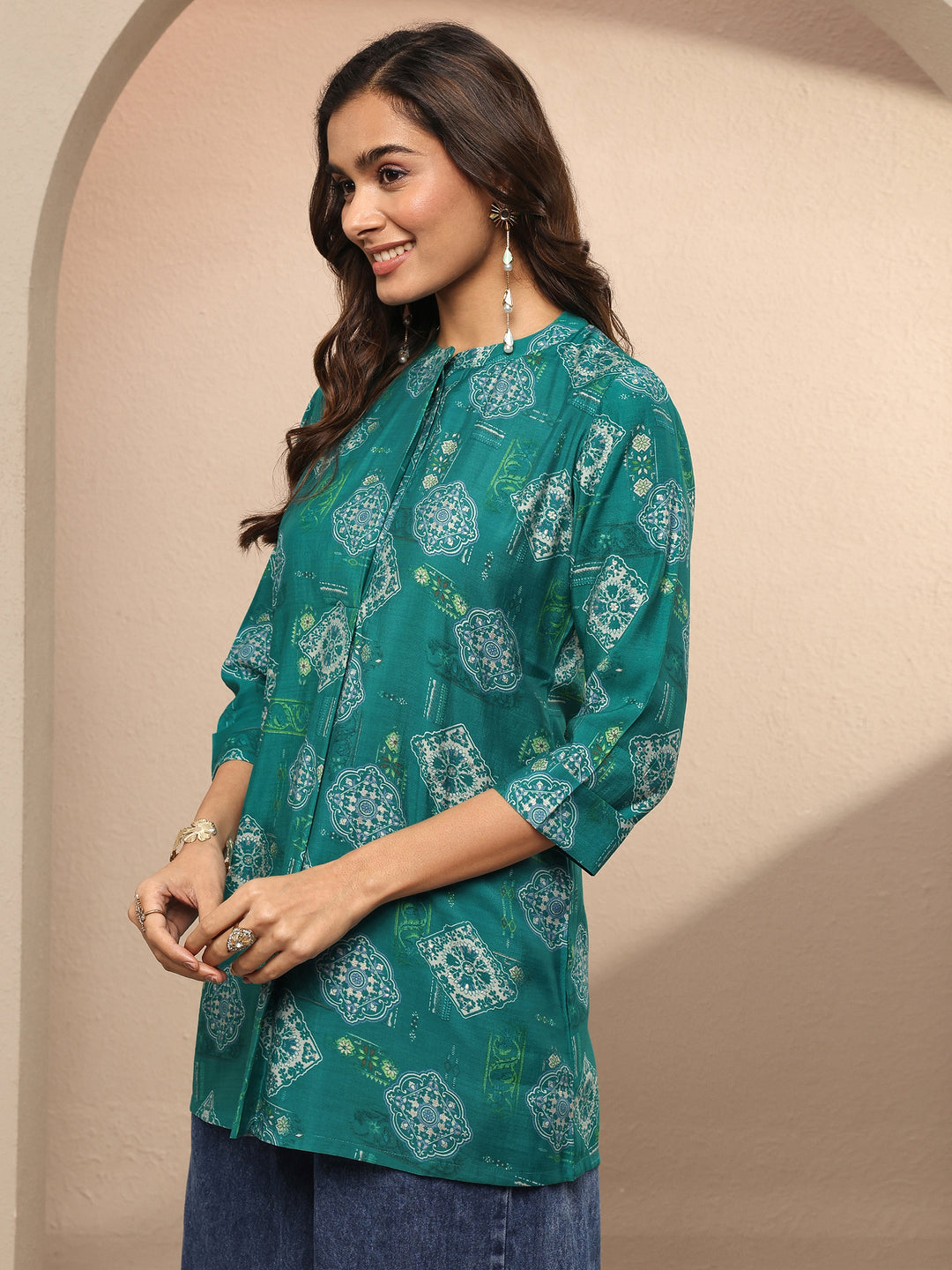  Green Block Printed Silk Blend Straight Short Kurti 