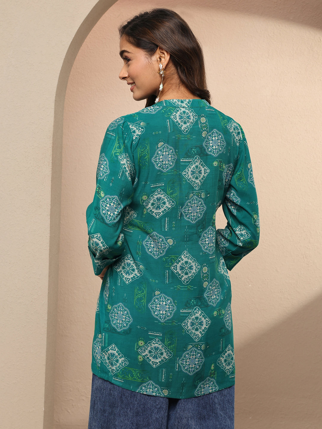  Green Block Printed Silk Blend Straight Short Kurti 