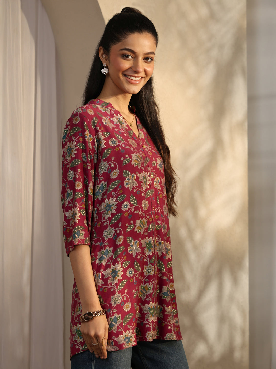  Maroon Printed Silk Blend Straight Short Kurti 