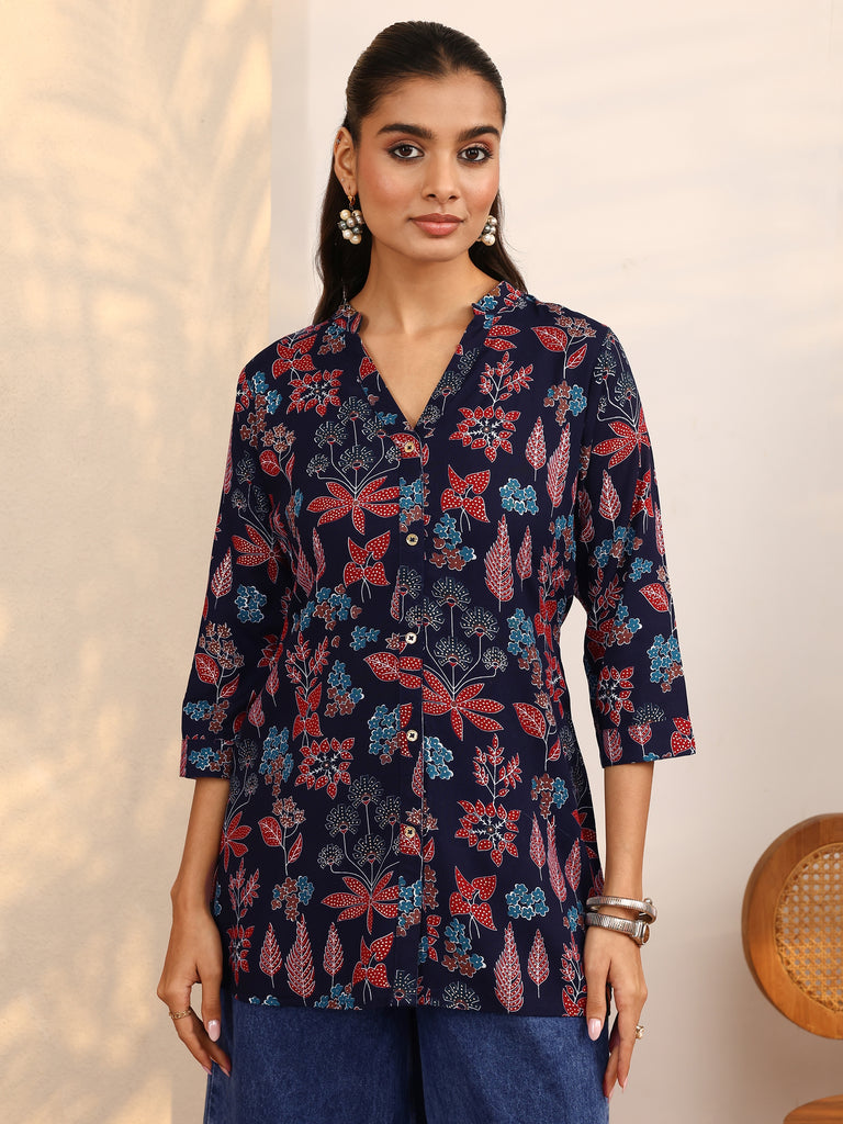 Libas Navy Blue Floral Printed Silk Blend Straight Short Kurti