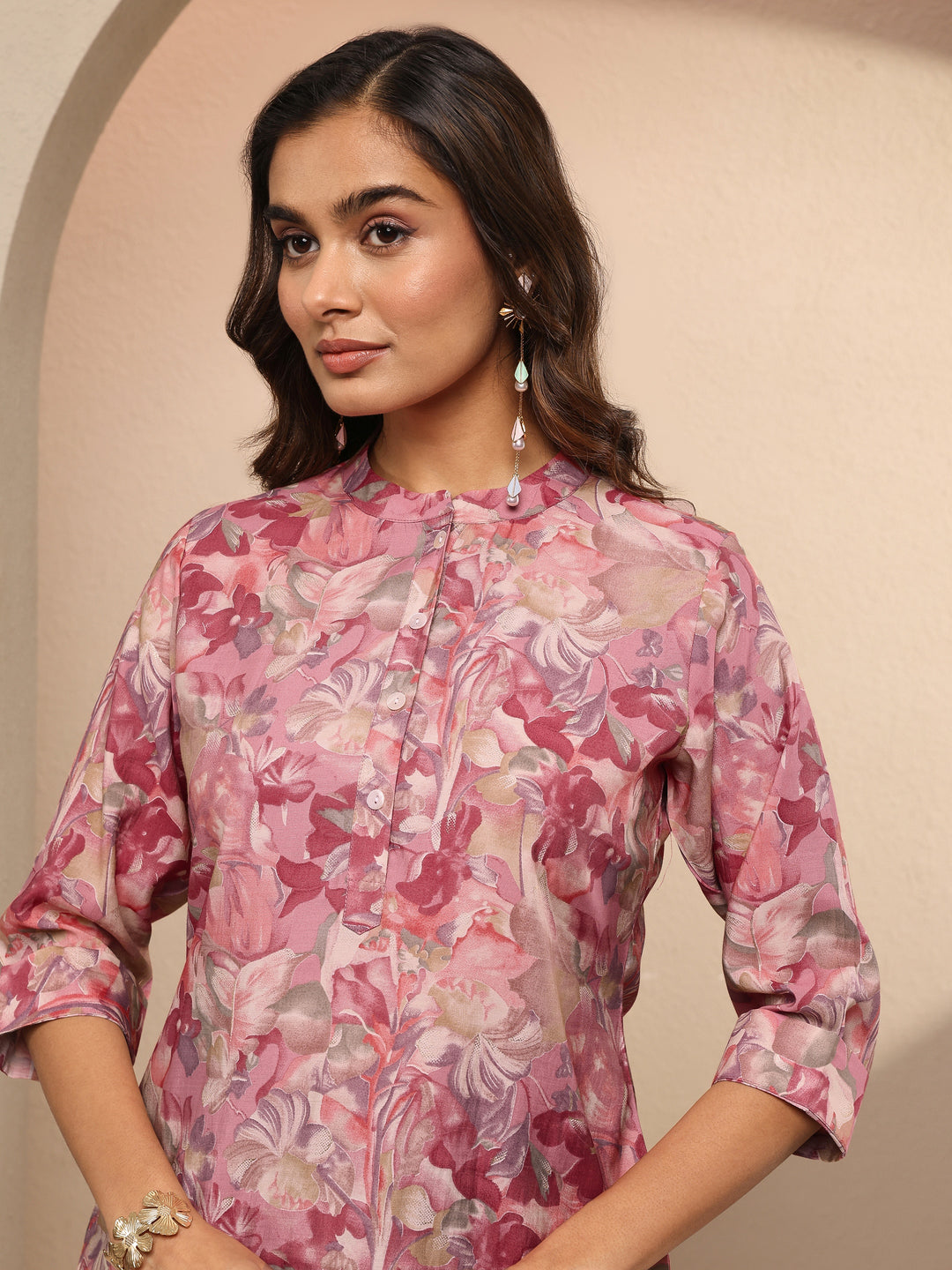 Pink Printed Silk Blend Straight Short Kurti 