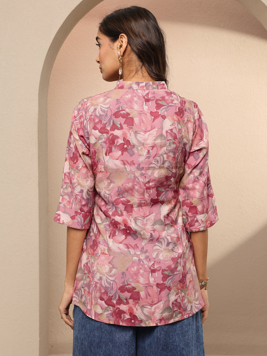  Pink Printed Silk Blend Straight Short Kurti 