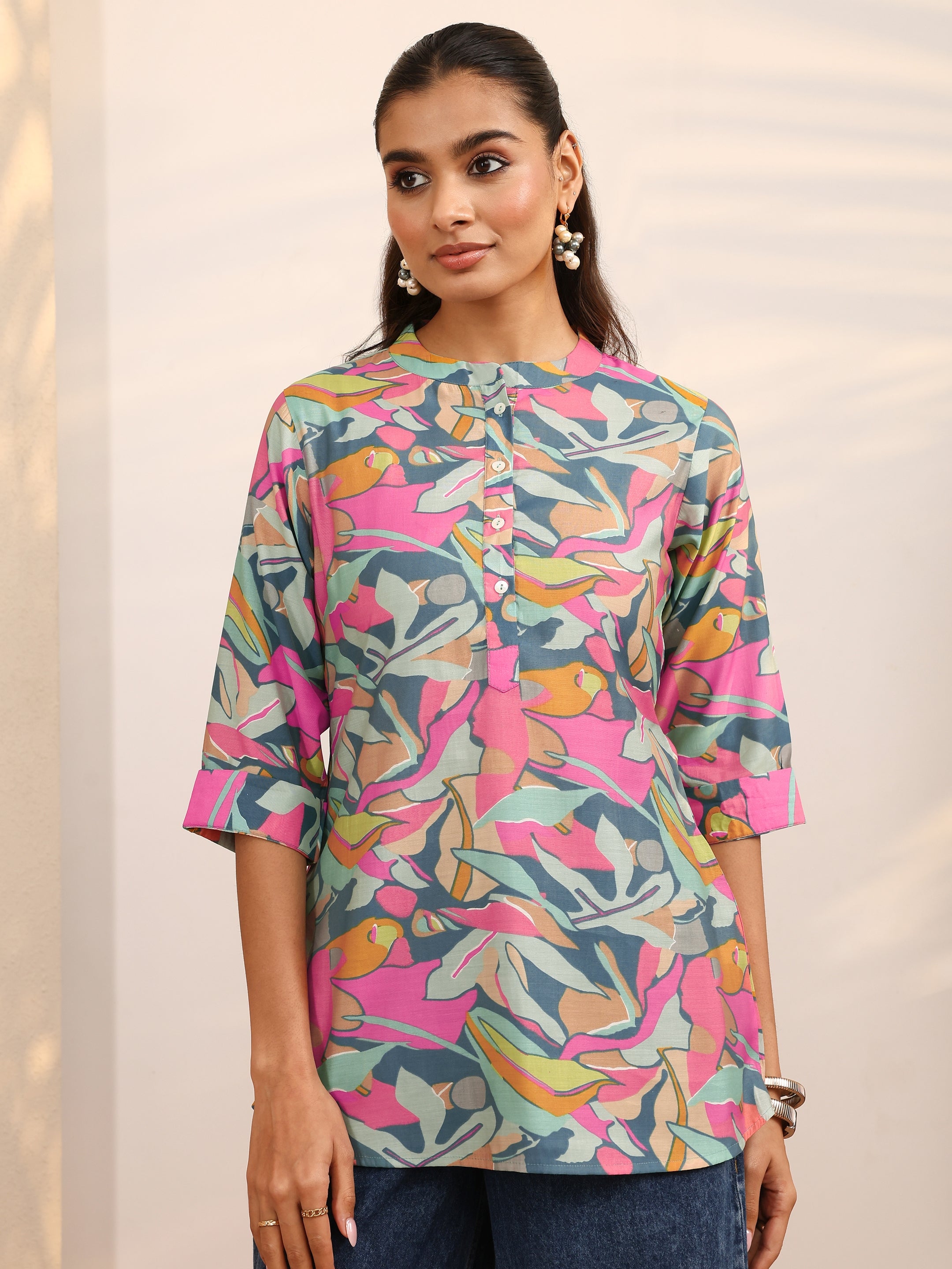 libas Multicolor Floral Printed Silk Blend Straight Short Kurti-picture-55