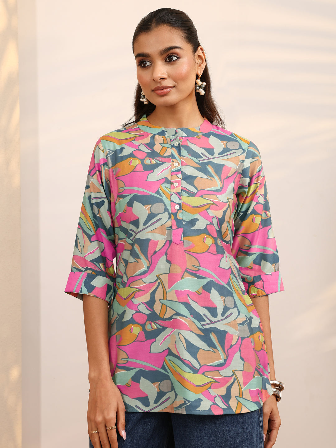 Multicolor Floral Printed Silk Blend Straight Short Kurti
