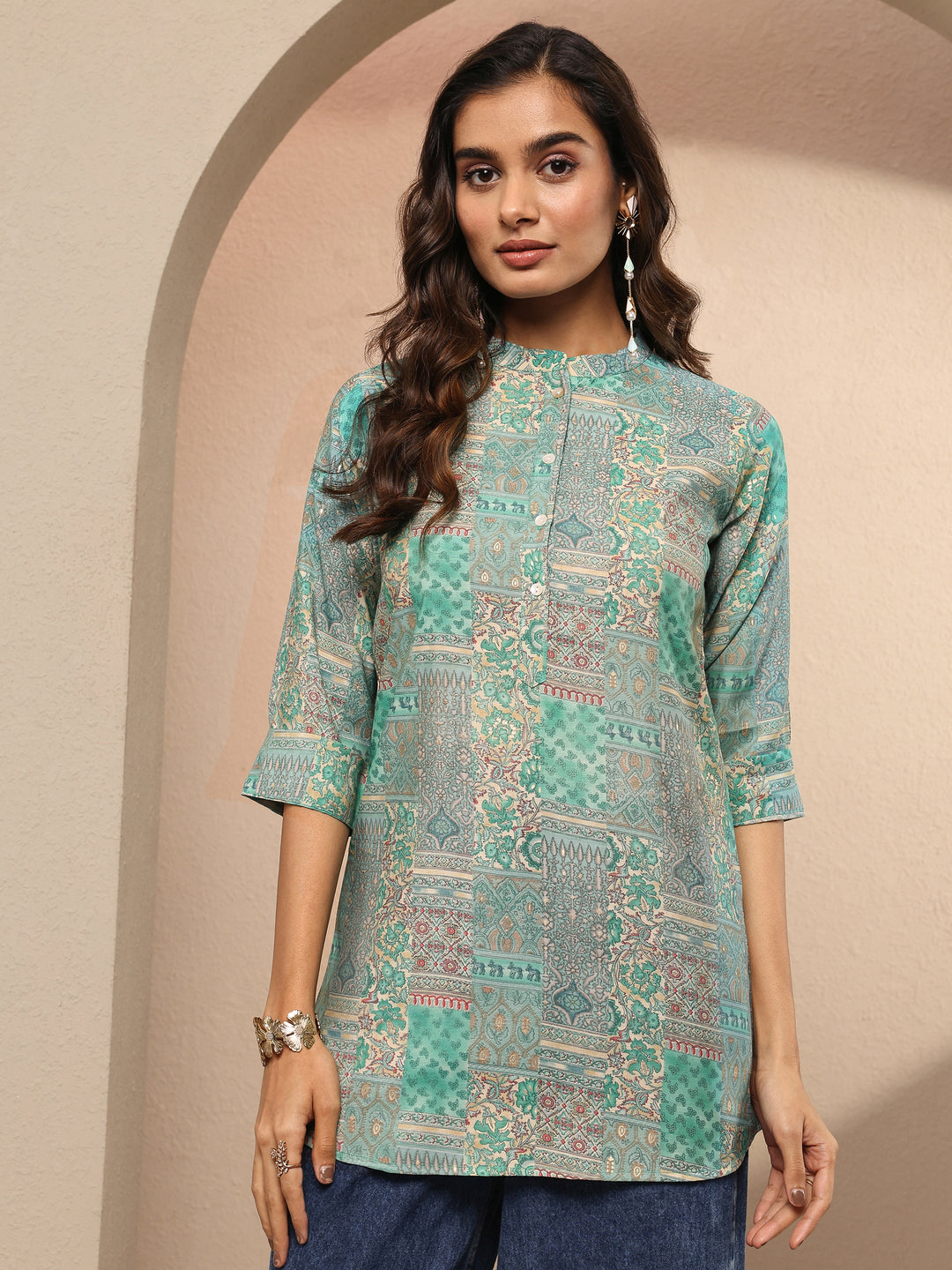  Green Block Printed Silk Blend Straight Short Kurti 