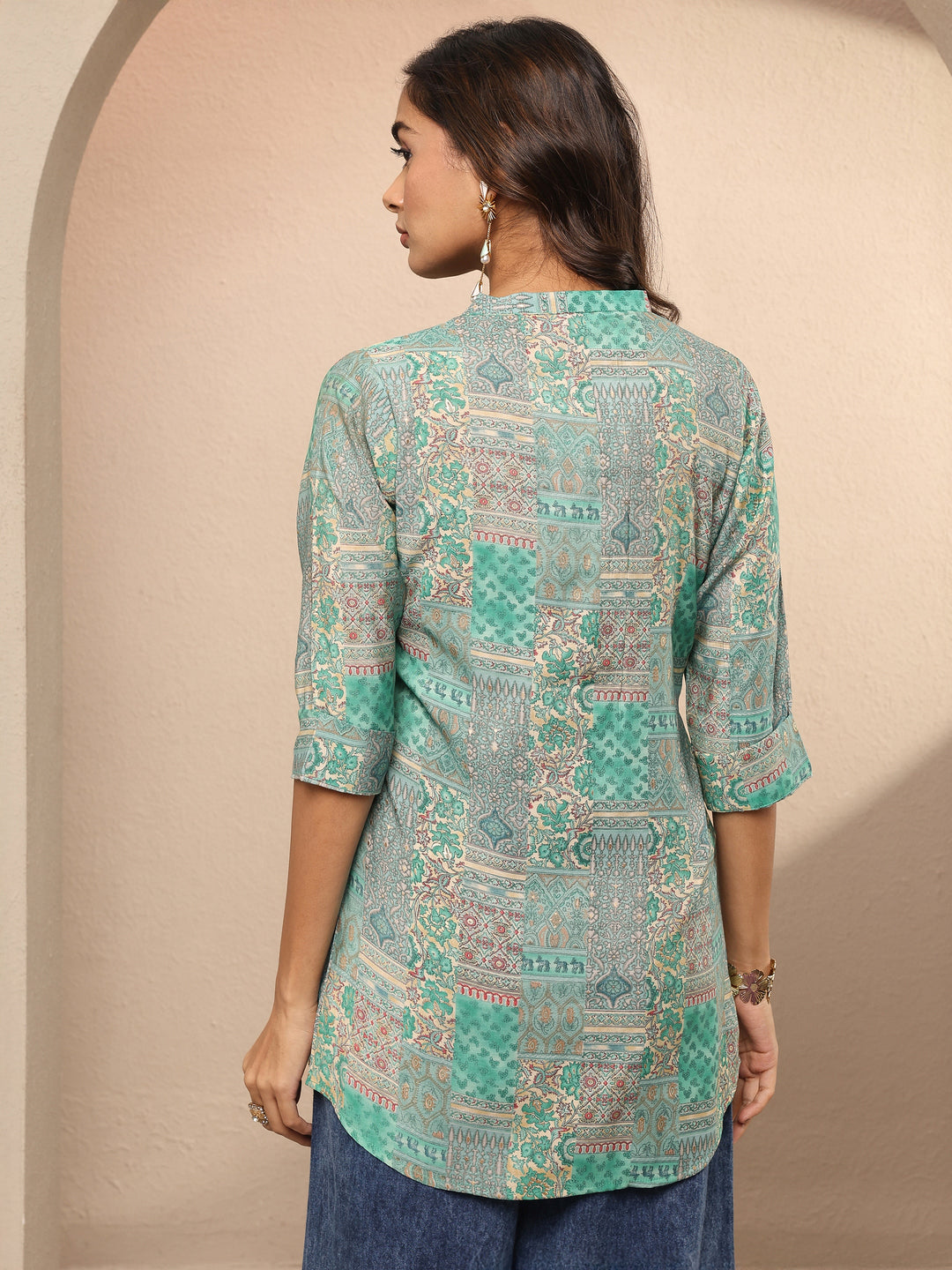  Green Block Printed Silk Blend Straight Short Kurti 