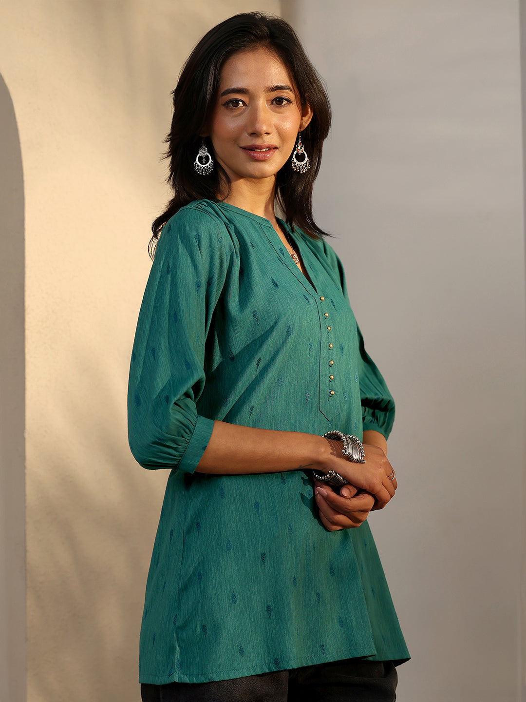 Green Woven Design Rayon Straight Short Kurti 