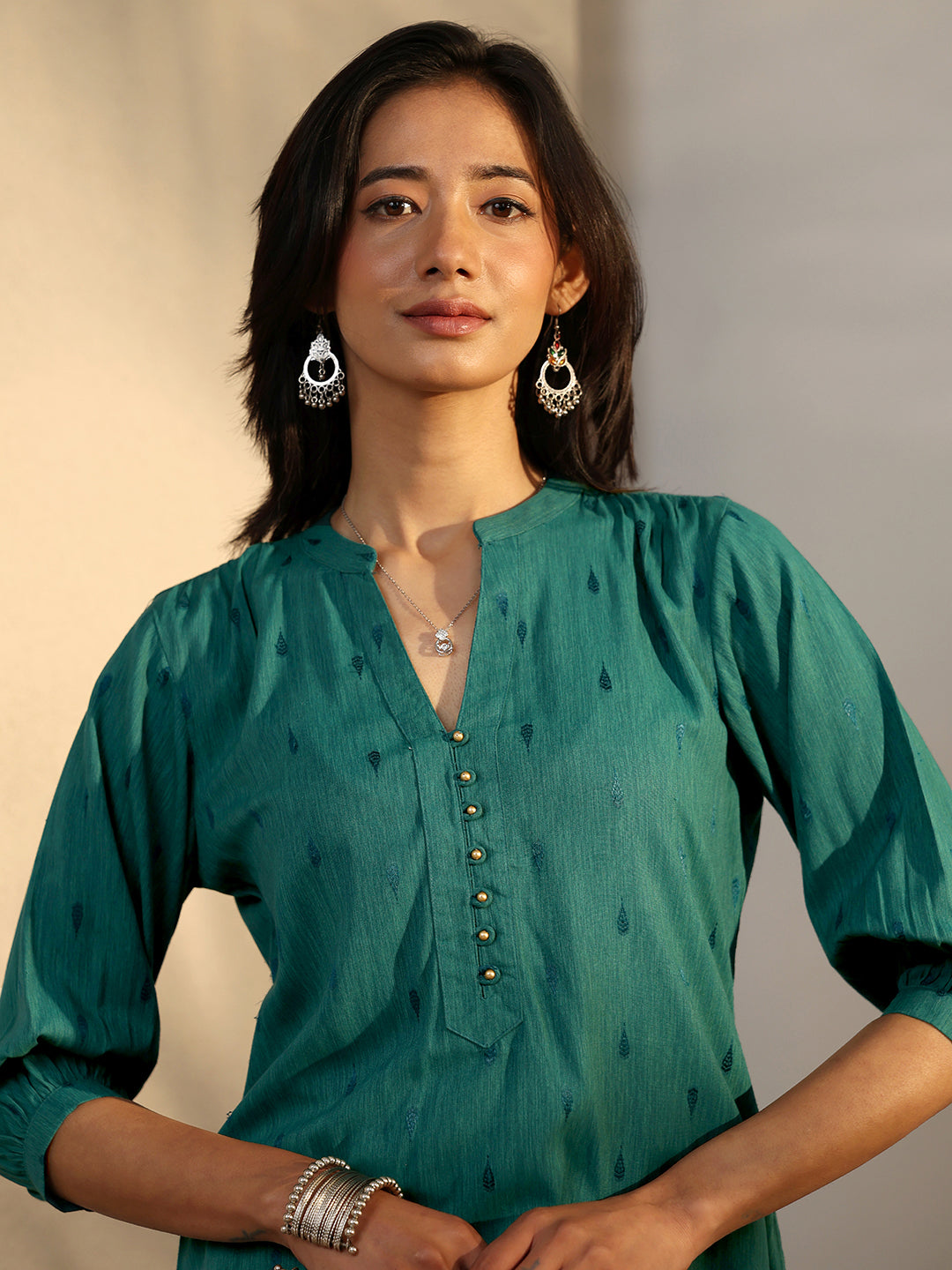  Green Woven Design Rayon Straight Short Kurti 
