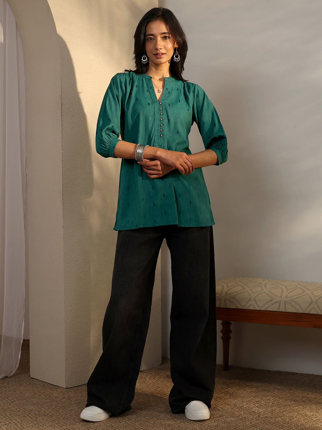  Green Woven Design Rayon Straight Short Kurti 