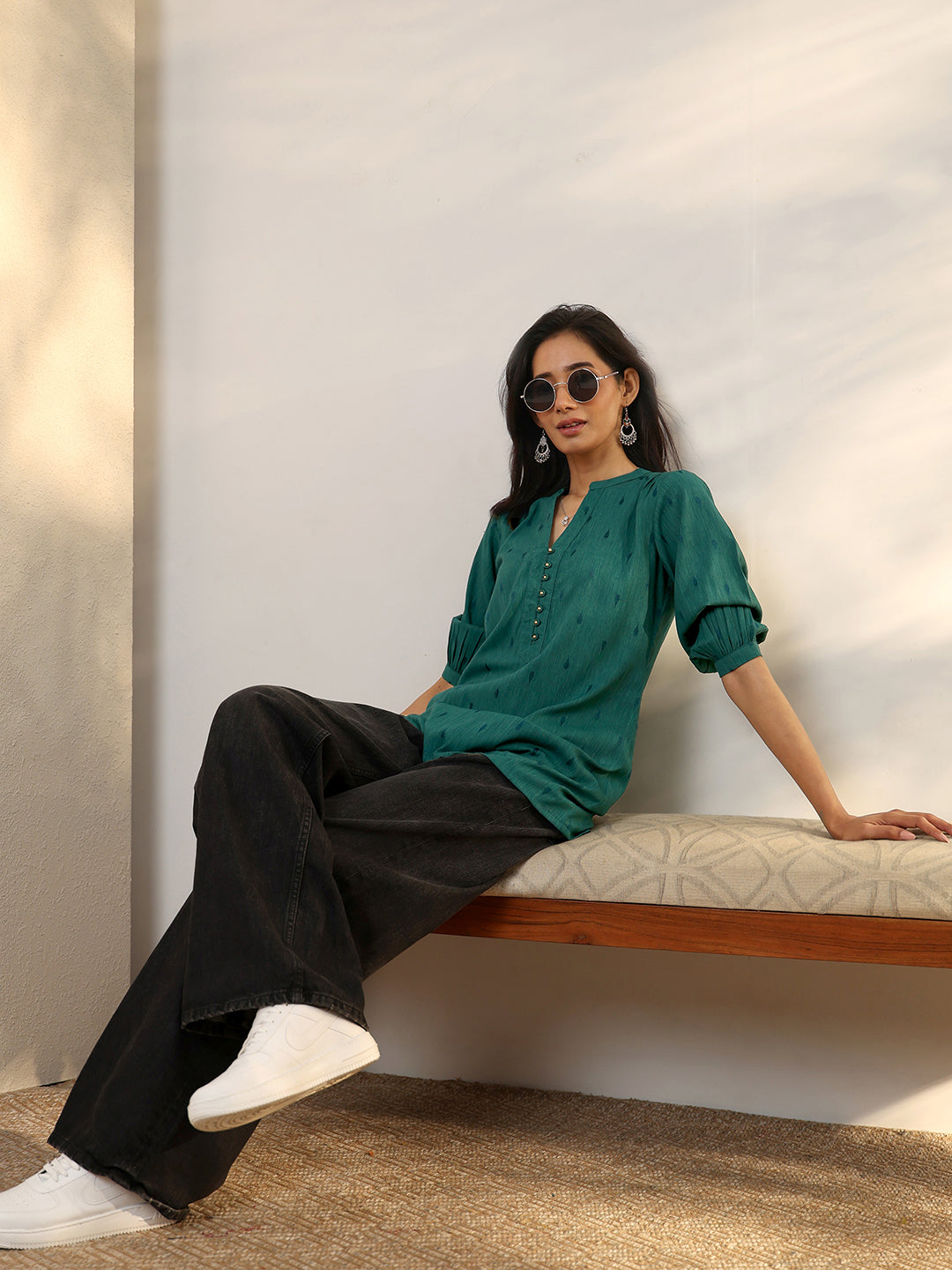  Green Woven Design Rayon Straight Short Kurti 