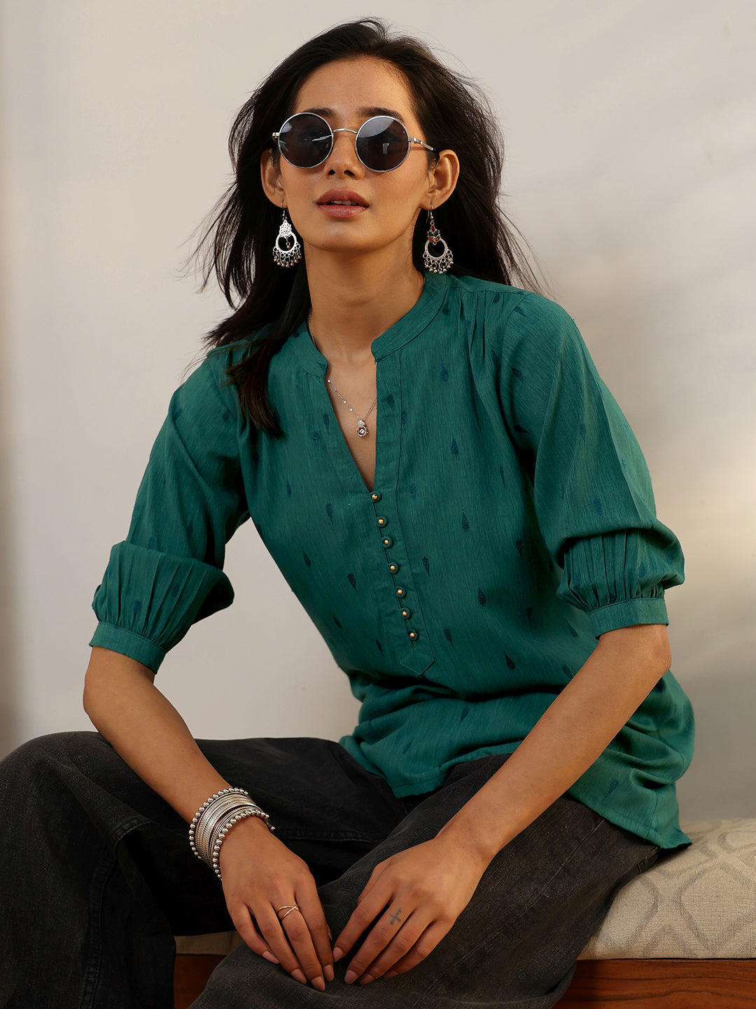  Green Woven Design Rayon Straight Short Kurti 