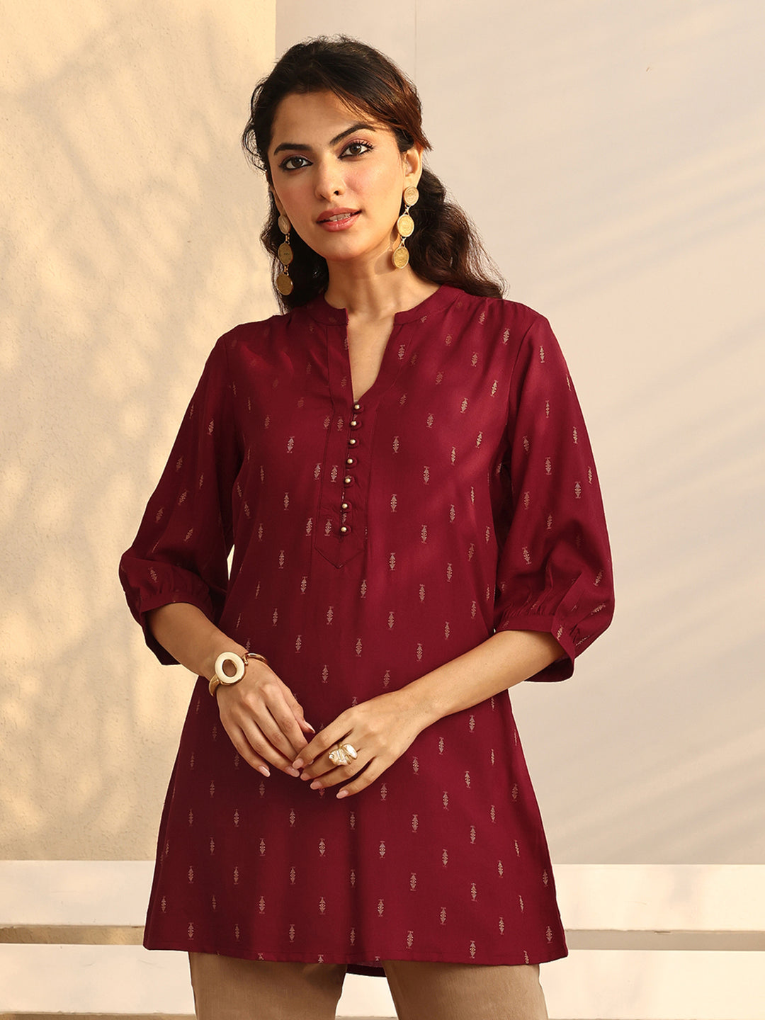  Red Woven Design Rayon Straight Short Kurti 