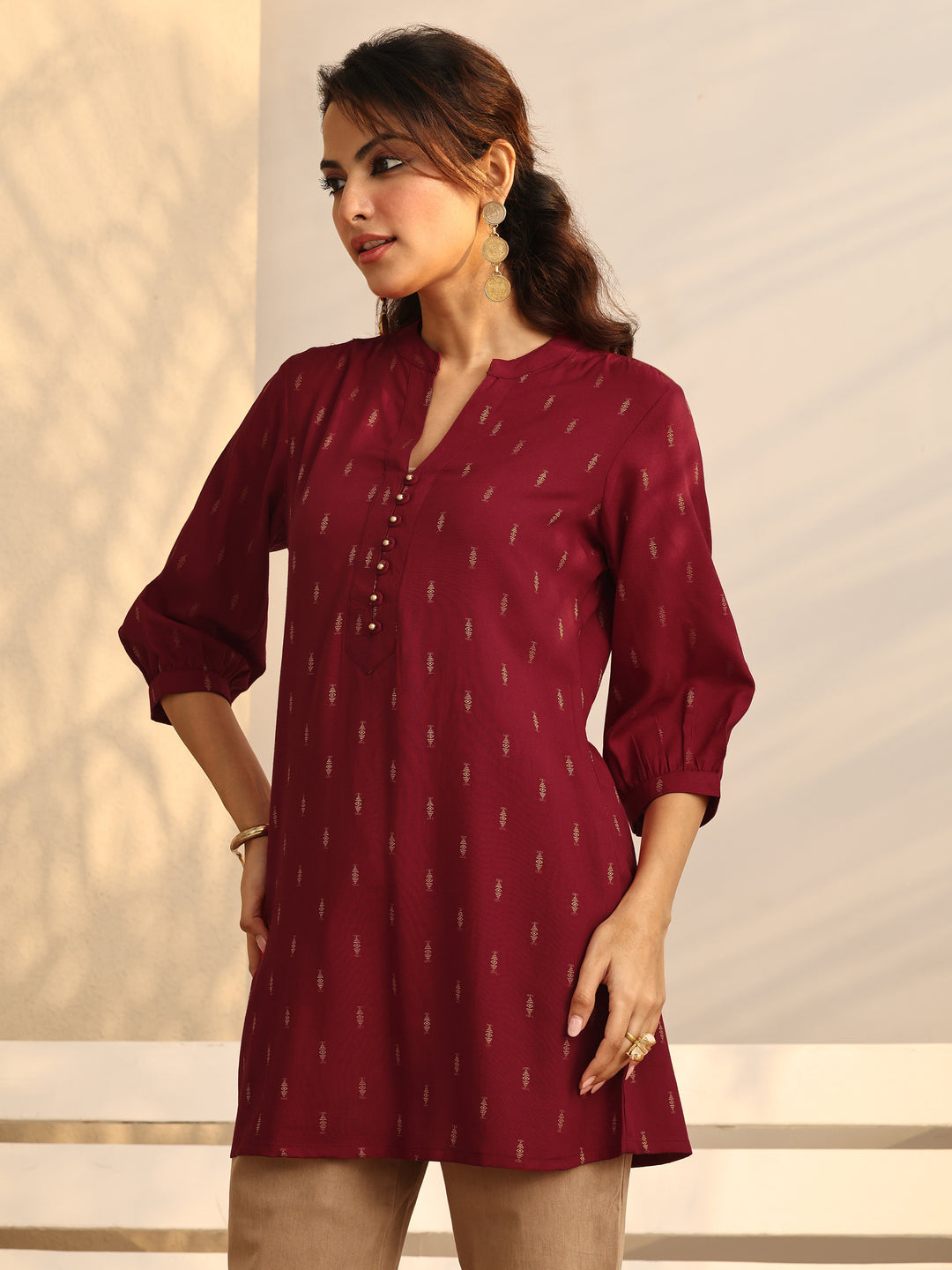  Red Woven Design Rayon Straight Short Kurti 