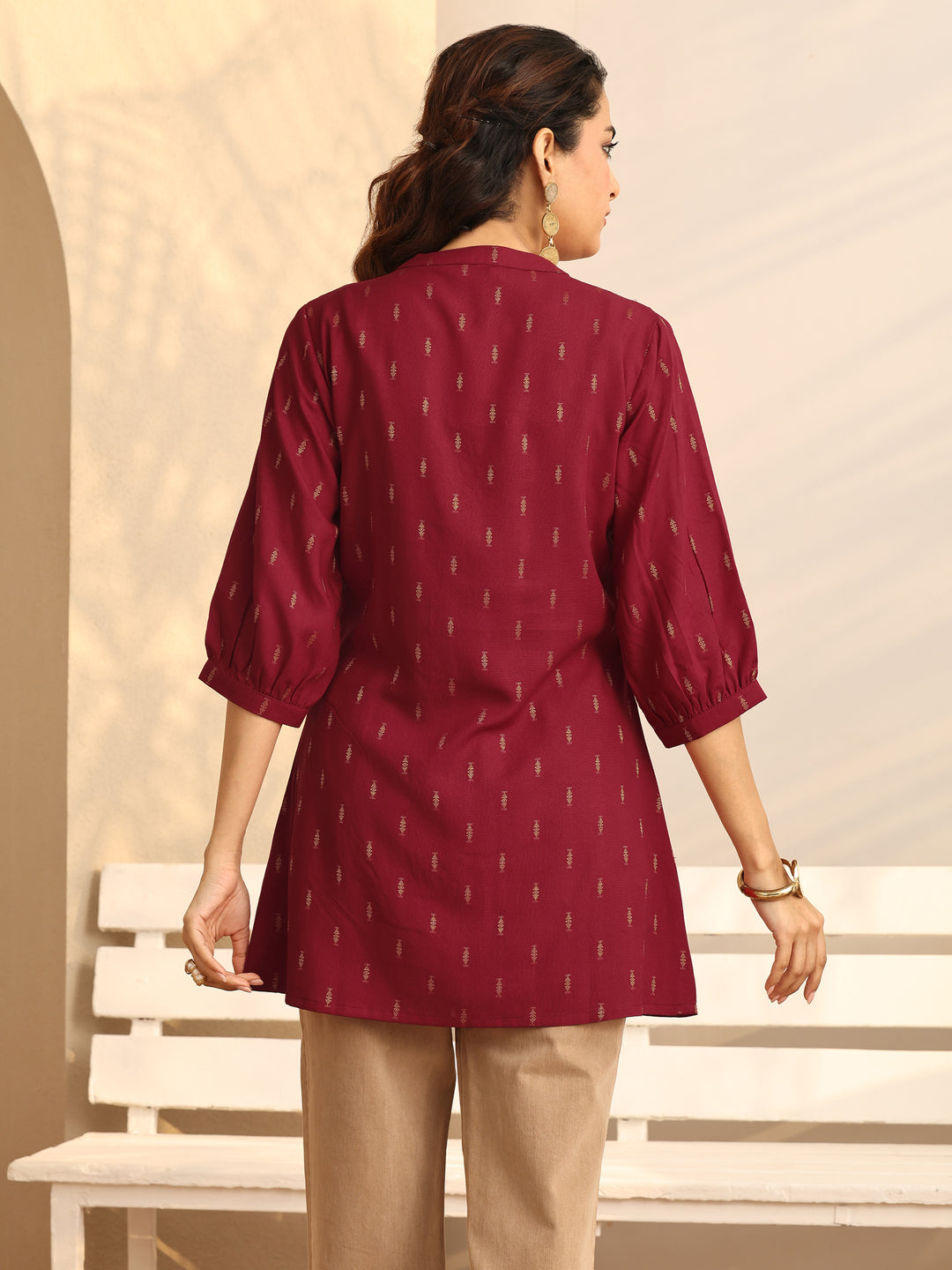  Red Woven Design Rayon Straight Short Kurti 
