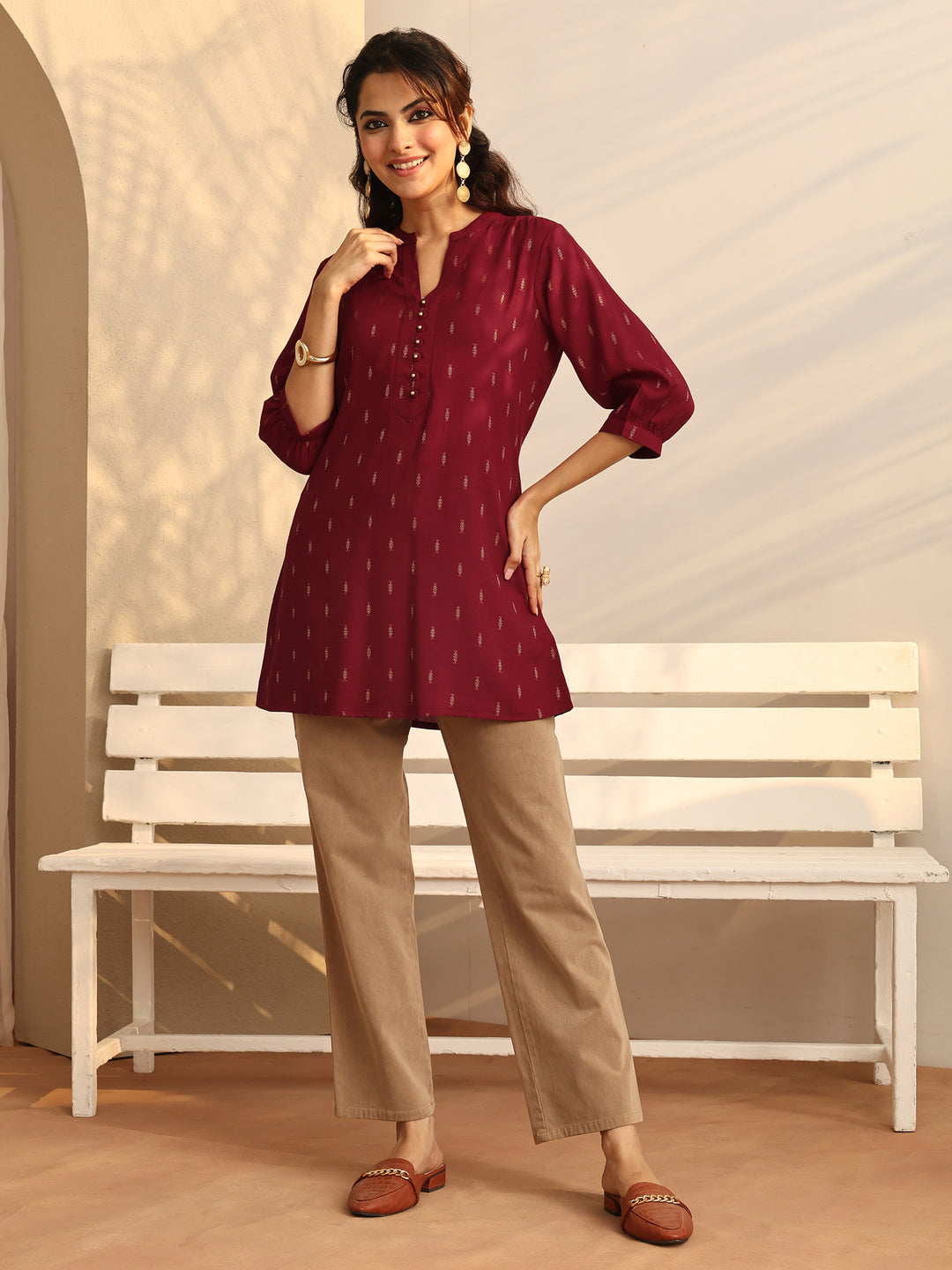  Red Woven Design Rayon Straight Short Kurti 