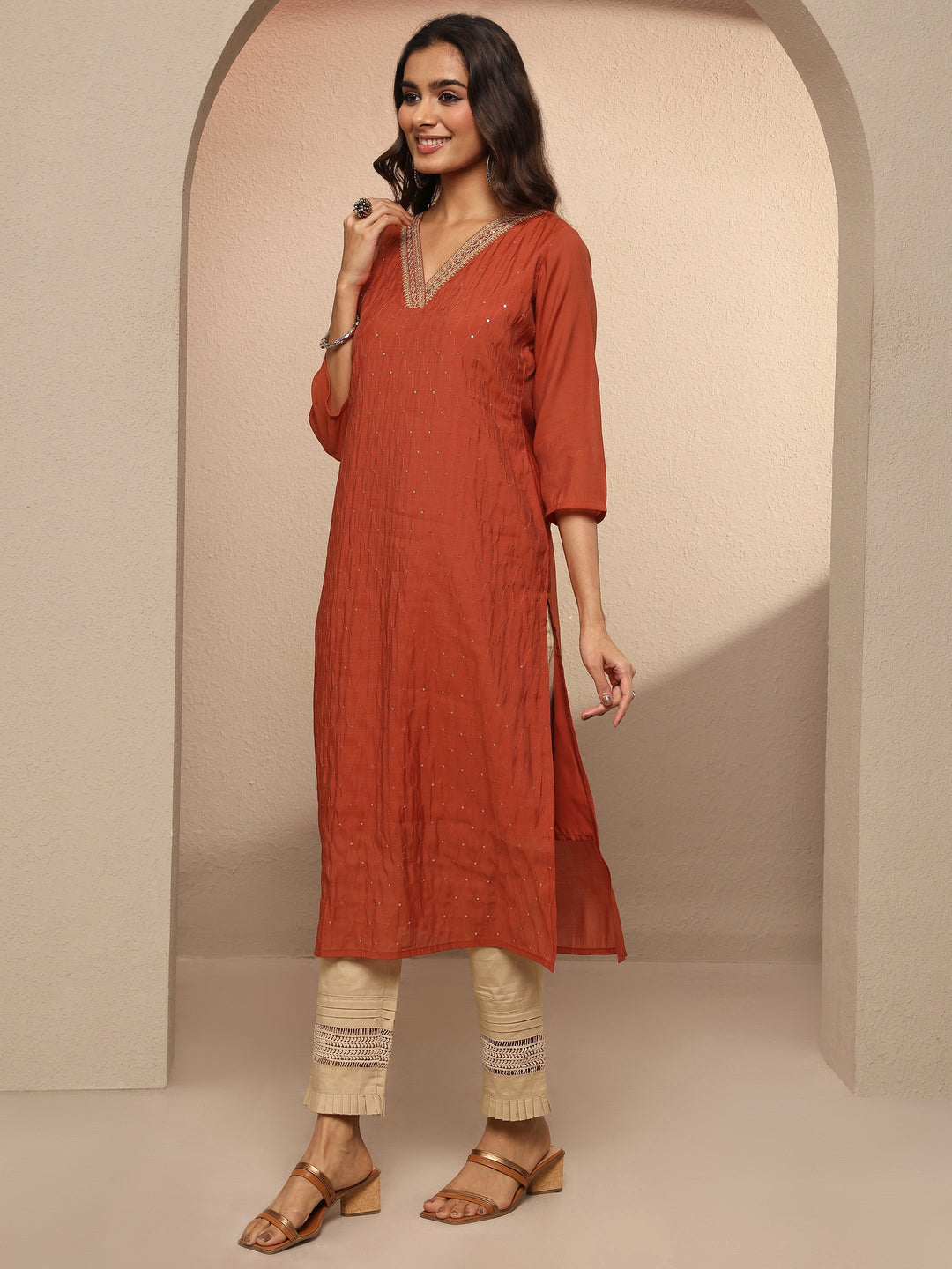  Rust Embellished Chanderi Cotton Straight Kurta 