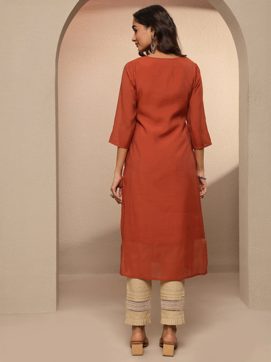  Rust Embellished Chanderi Cotton Straight Kurta 