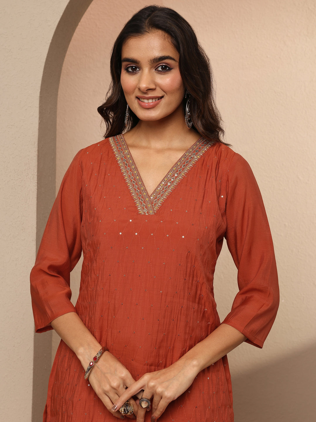  Rust Embellished Chanderi Cotton Straight Kurta 