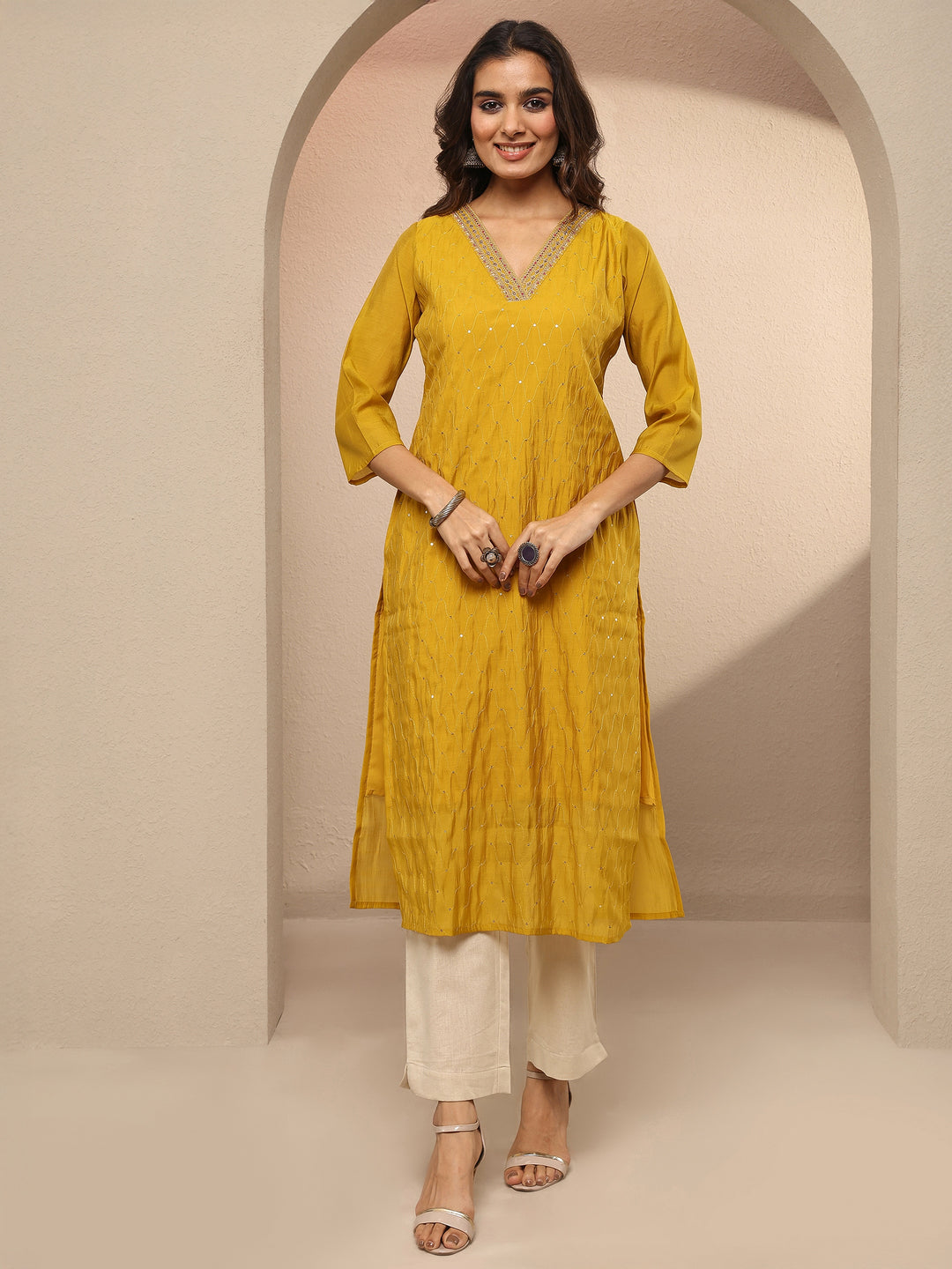  Mustard Embellished Chanderi Cotton Straight Kurta 