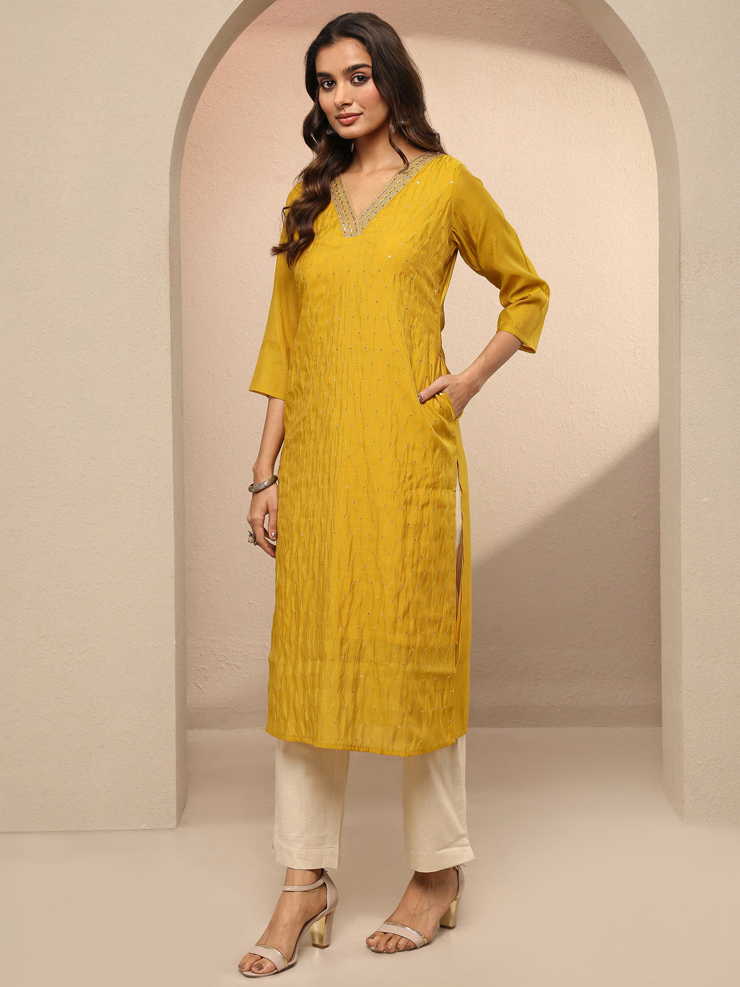  Mustard Embellished Chanderi Cotton Straight Kurta 