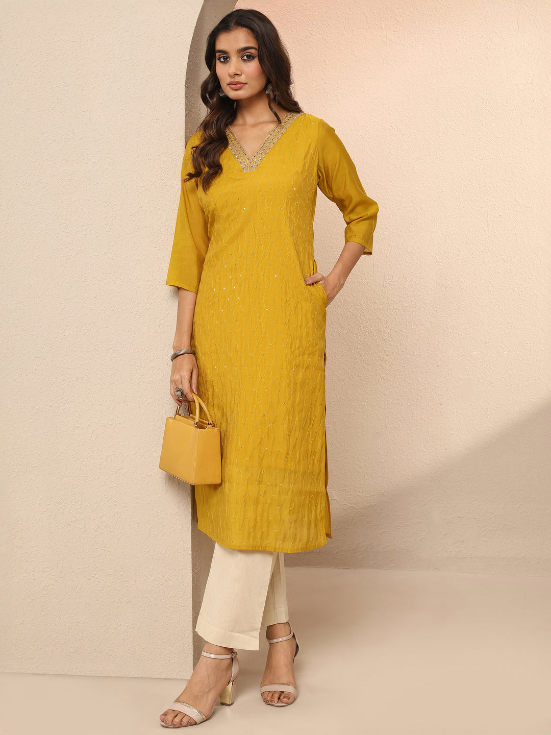  Mustard Embellished Chanderi Cotton Straight Kurta 