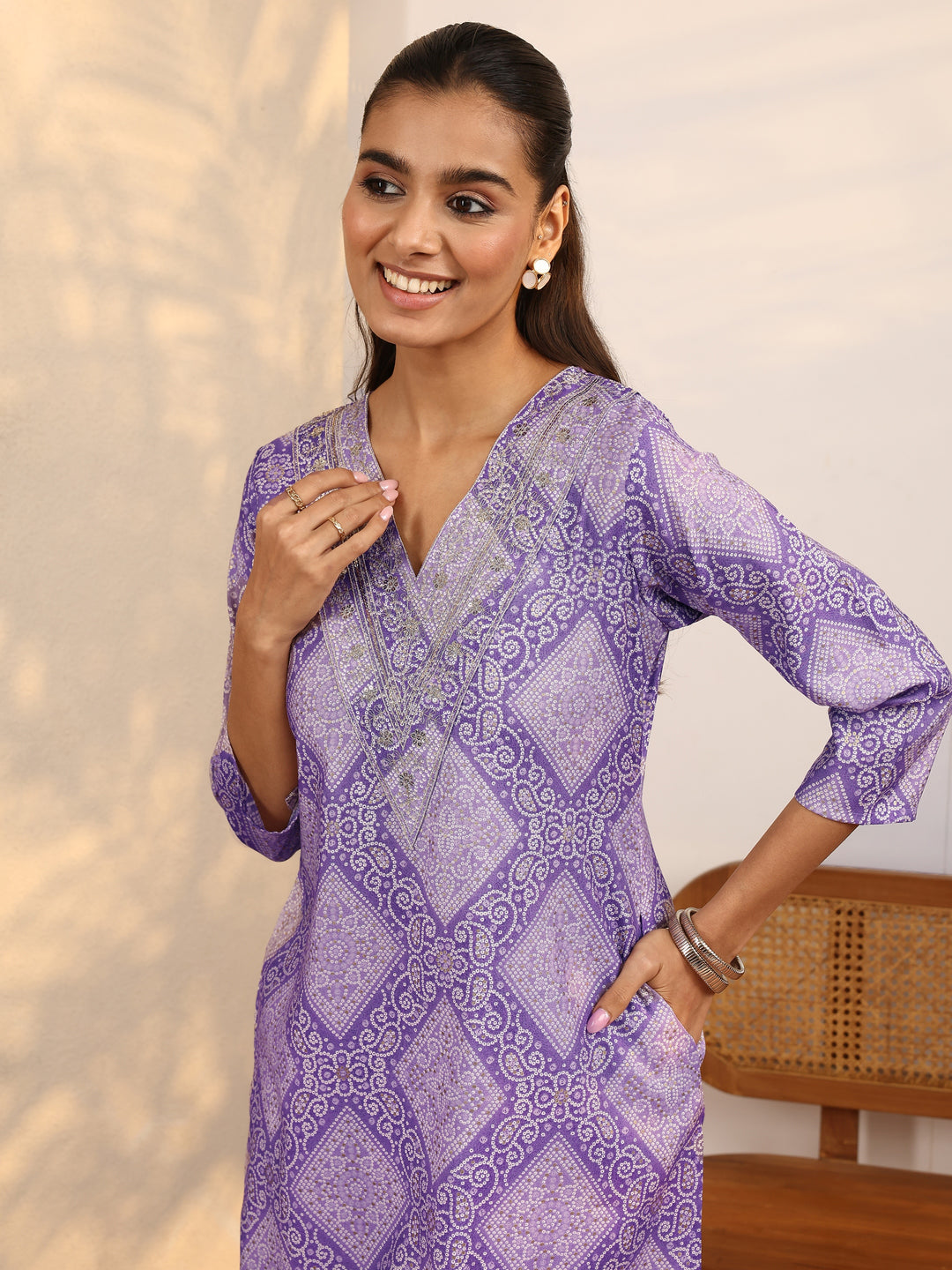  Lavender Bandhani Printed Silk Blend Straight Kurta 