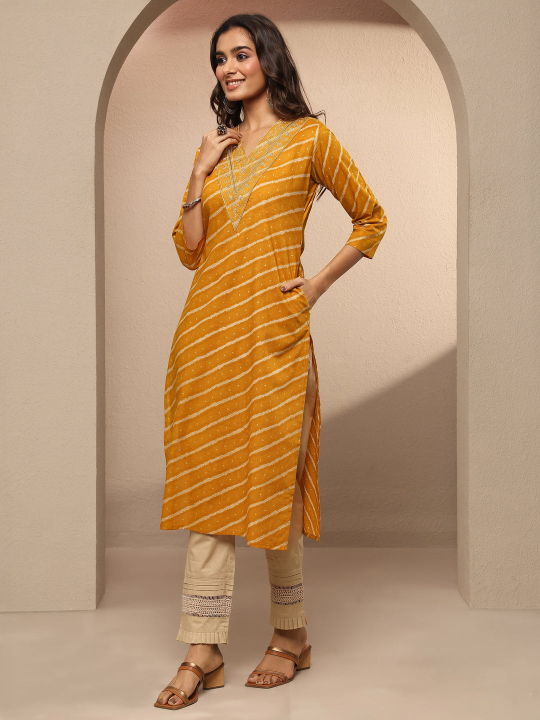  Mustard Leheriya Printed Cotton Straight Kurta 