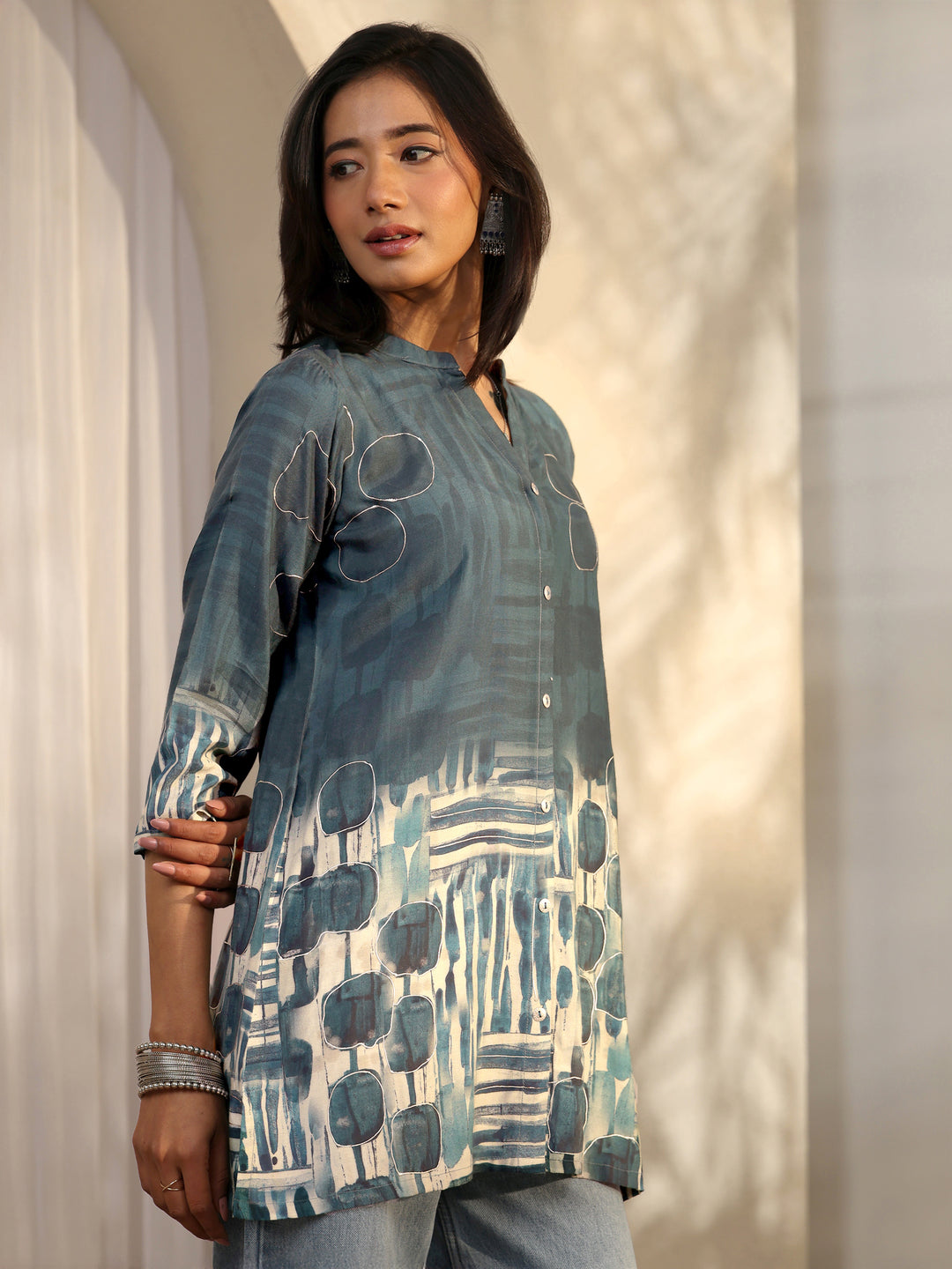  Teal Abstract Printed Muslin Straight Short Kurti 