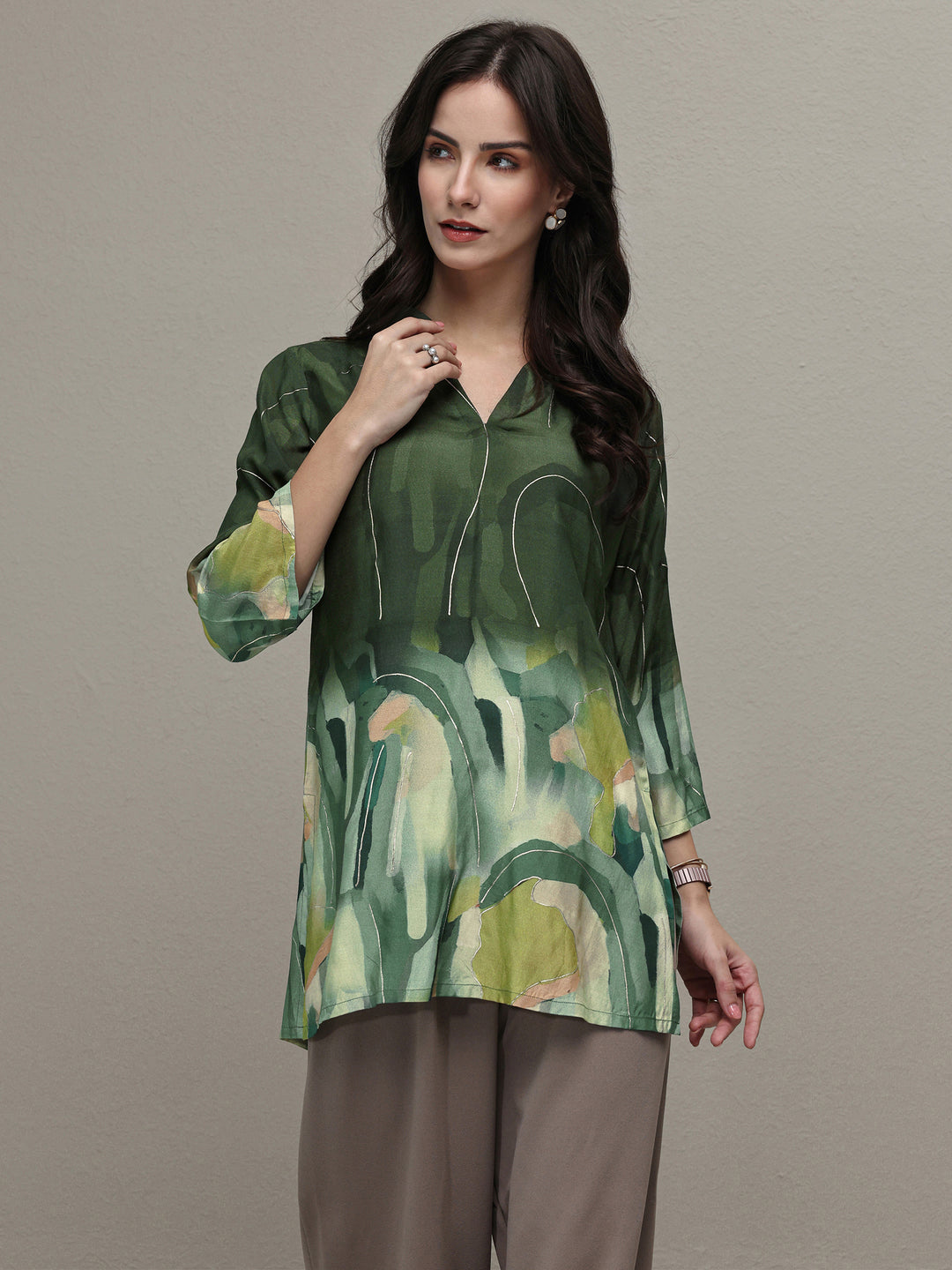  Green Abstract Printed Silk Blend Straight Short Kurti 