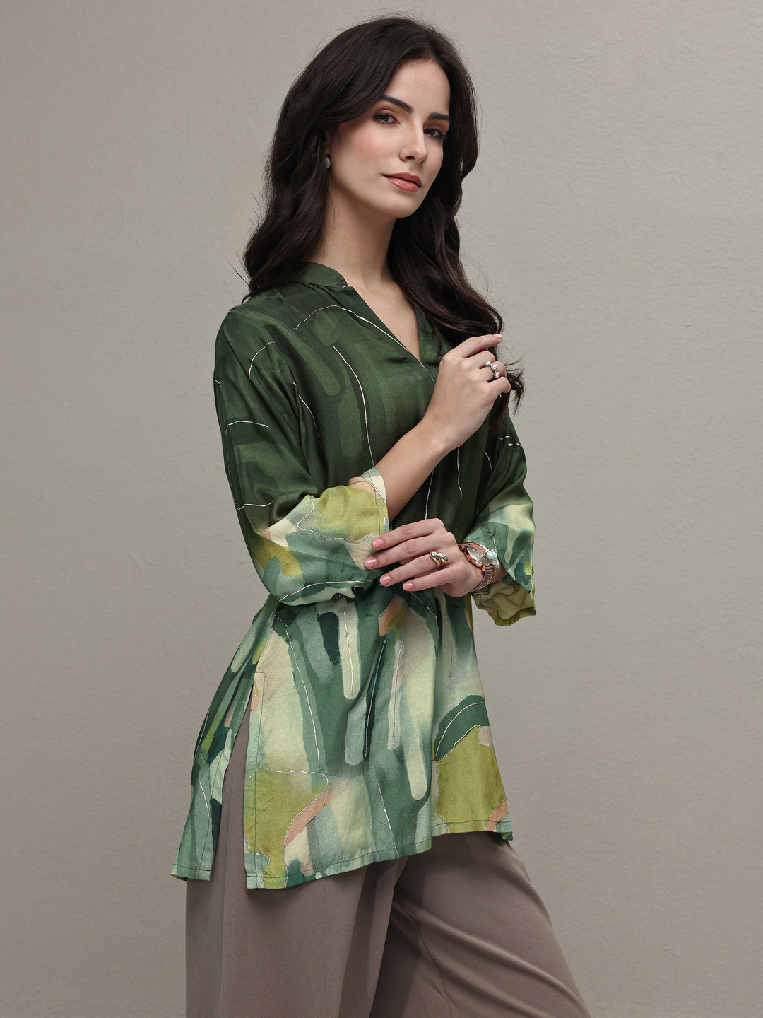  Green Abstract Printed Silk Blend Straight Short Kurti 