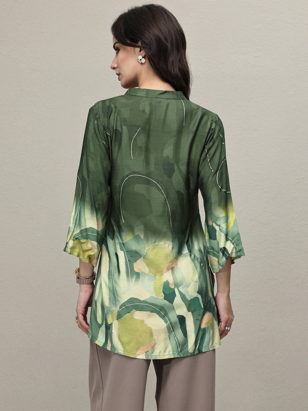  Green Abstract Printed Silk Blend Straight Short Kurti 