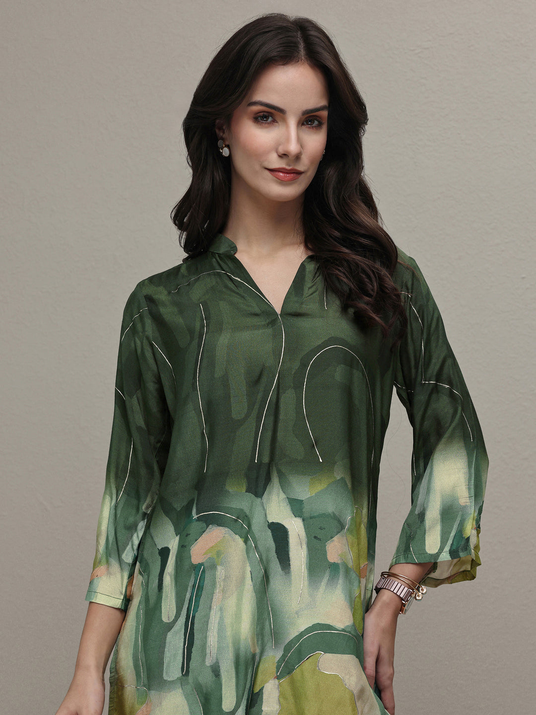  Green Abstract Printed Silk Blend Straight Short Kurti 