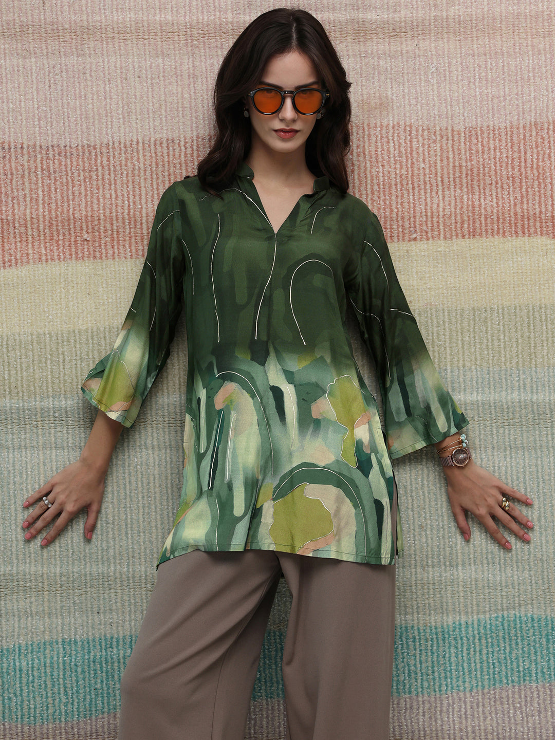  Green Abstract Printed Silk Blend Straight Short Kurti 