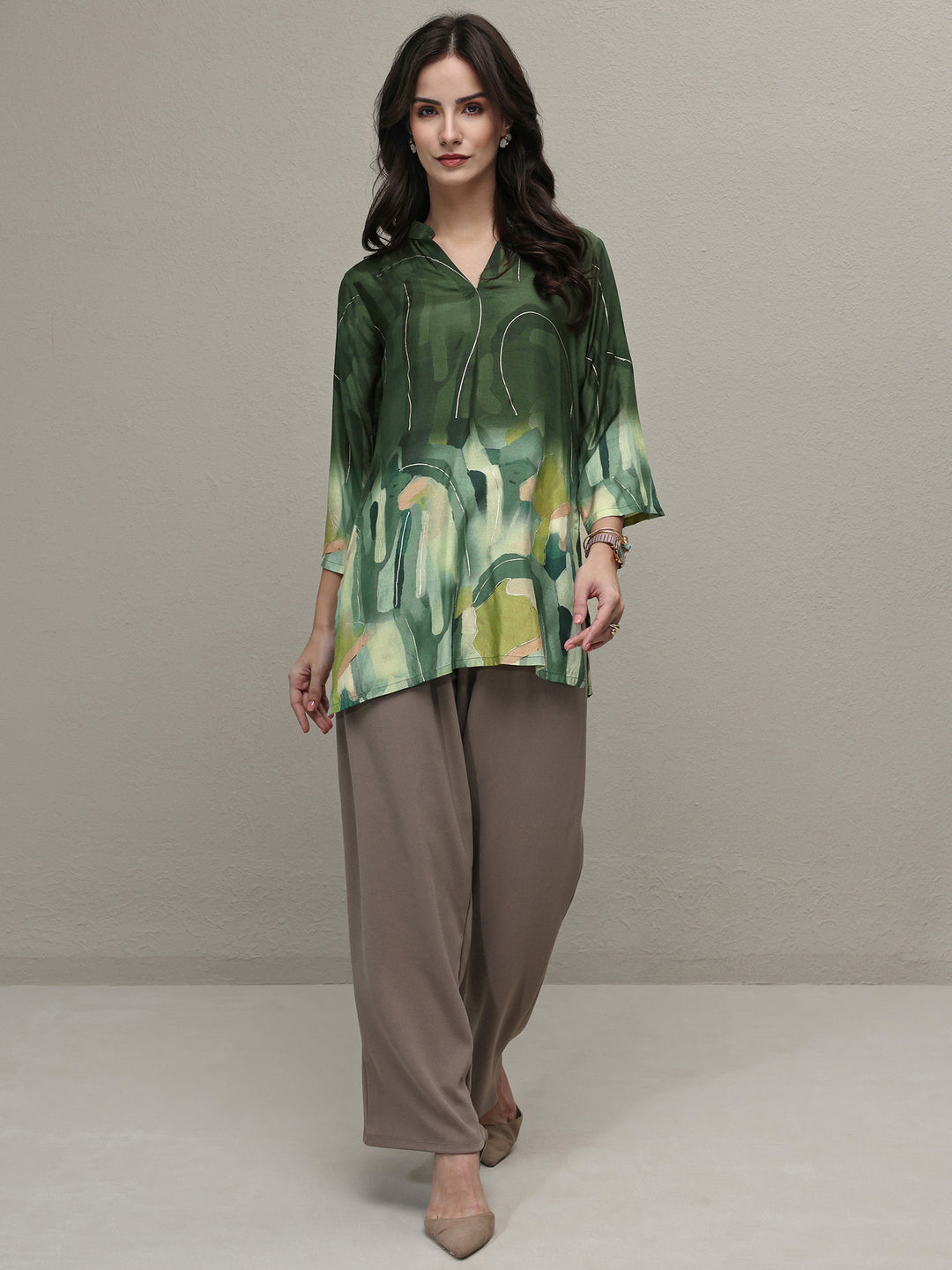  Green Abstract Printed Silk Blend Straight Short Kurti 