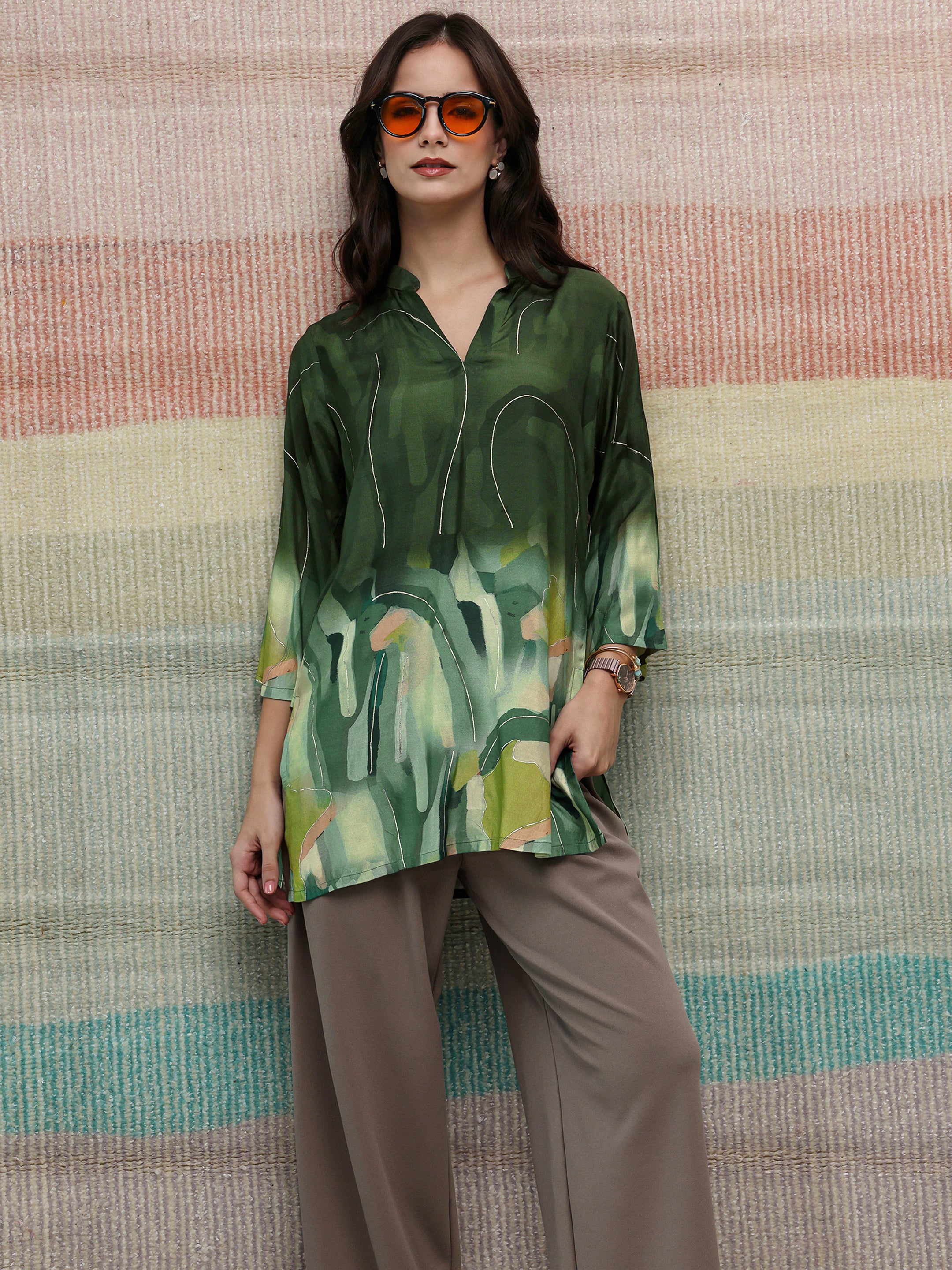 Libas Green Abstract Printed Silk Blend Straight Short Kurti-picture-40