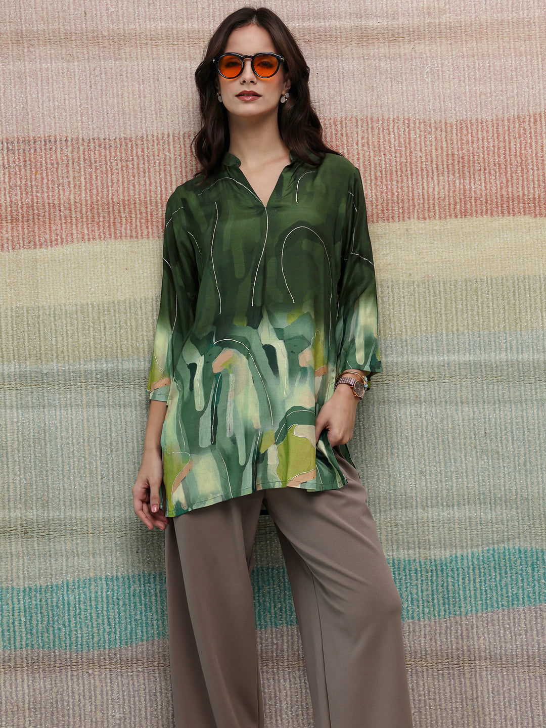  Green Abstract Printed Silk Blend Straight Short Kurti 