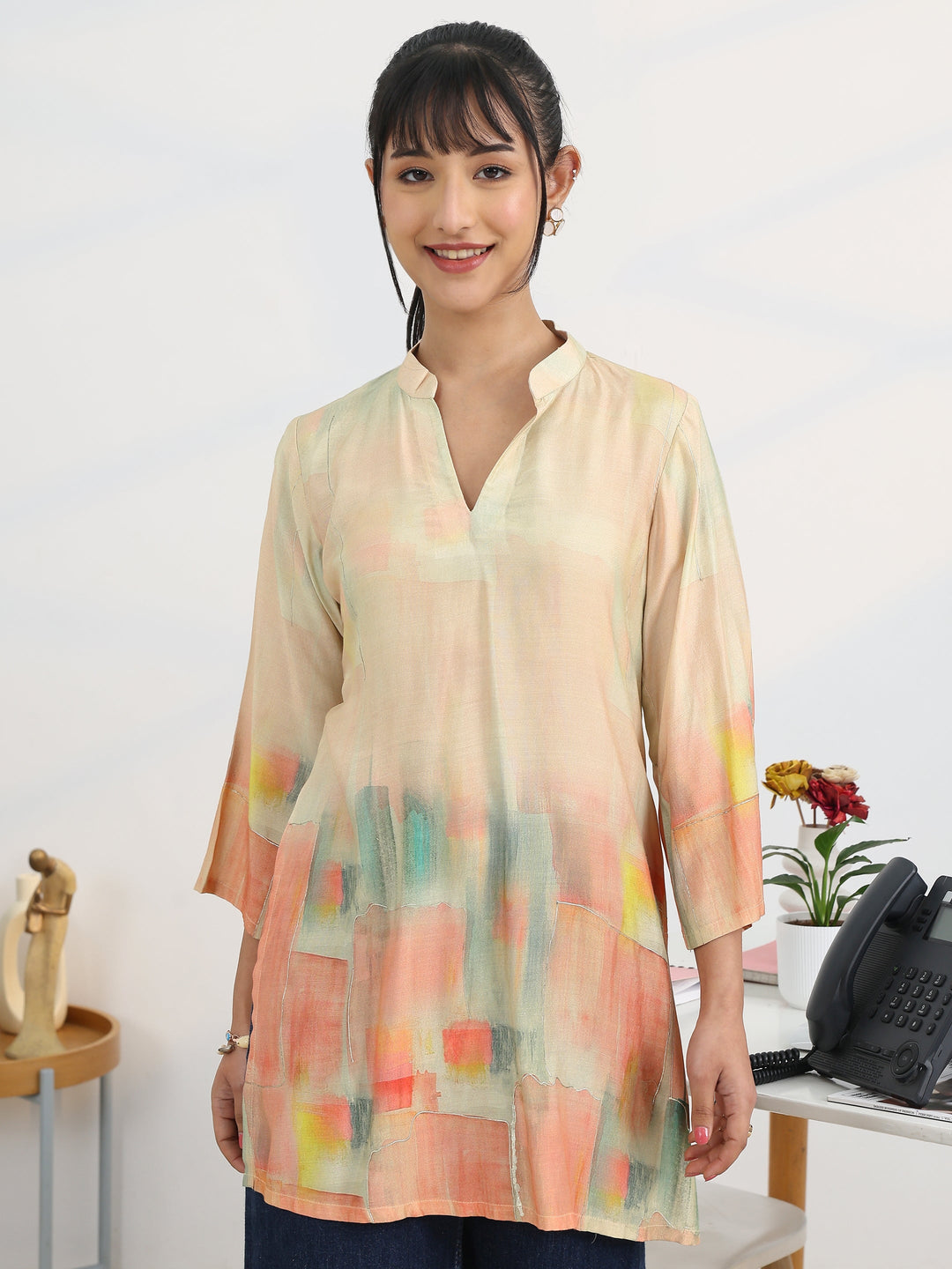  Peach Abstract Printed Silk Blend Straight Short Kurti 