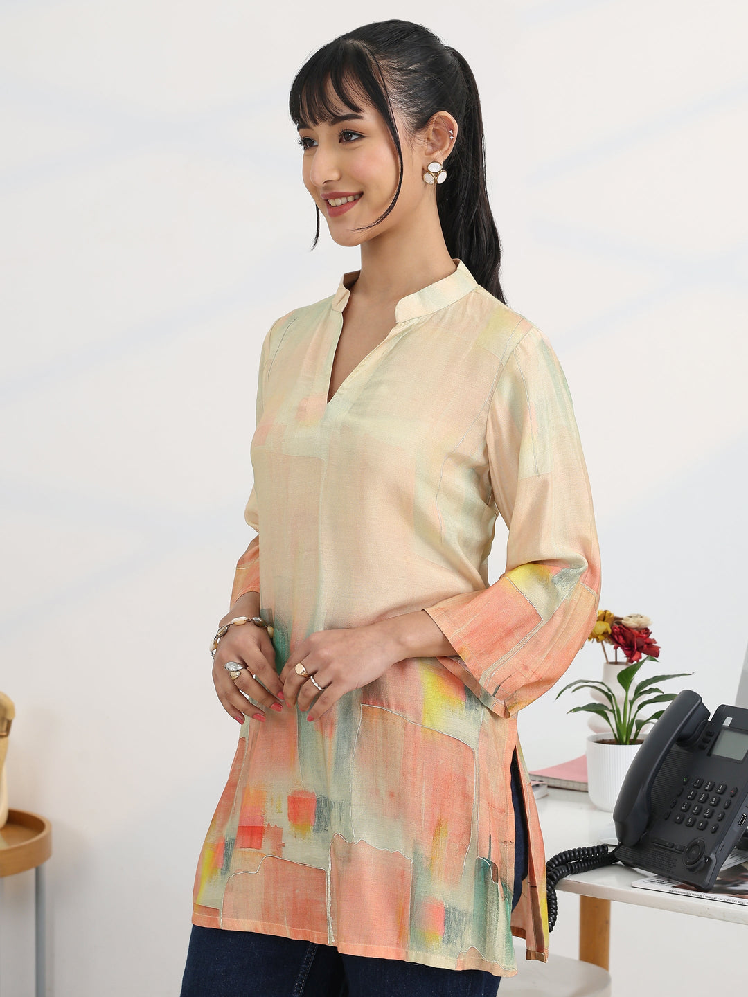  Peach Abstract Printed Silk Blend Straight Short Kurti 